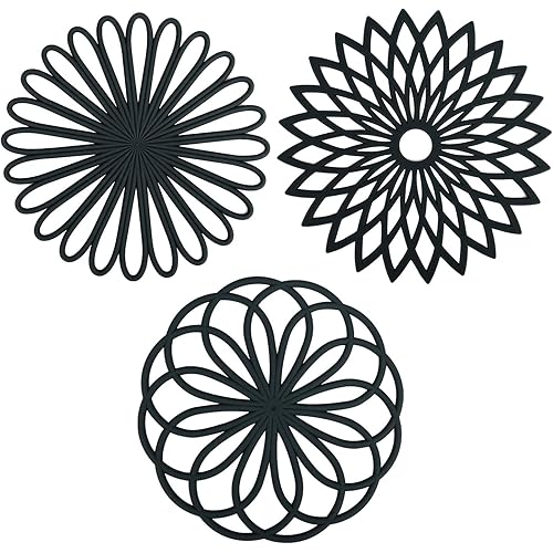 Multi-Functional Silicone Trivets for hot Dishes and Cookware?Flexible Carved trivets Mats for hot pots and Pans - Durable Non Slip Coasters Set of 3 (Black)