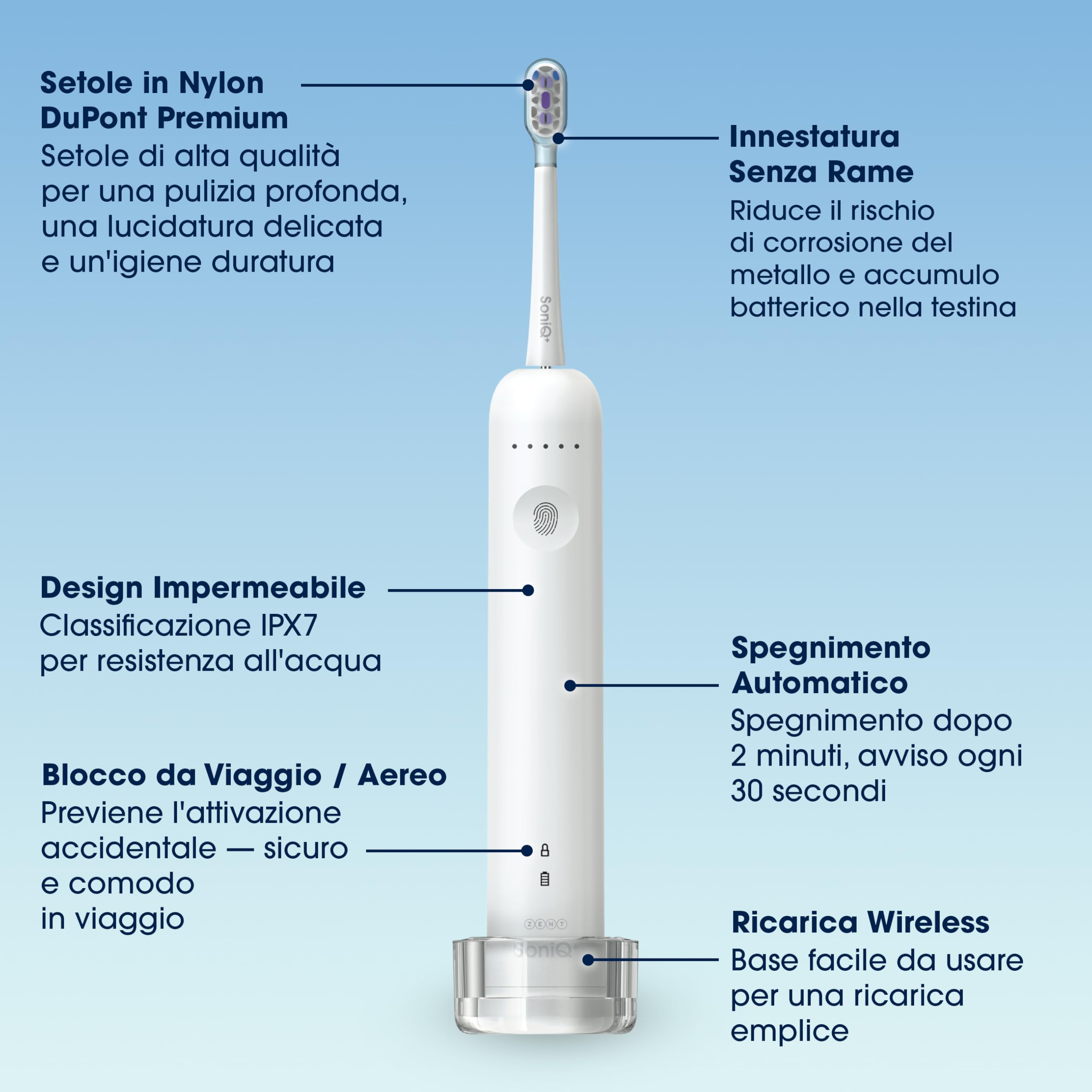 ZENT Spazzolino elettrico sonico 2in1, Spazzolino elettrico oscillante rotante con movimento rotatorio, 5 modalità di funzionamento, per denti sensibili, Impermeabilità IPX7, Caricatore a induzione