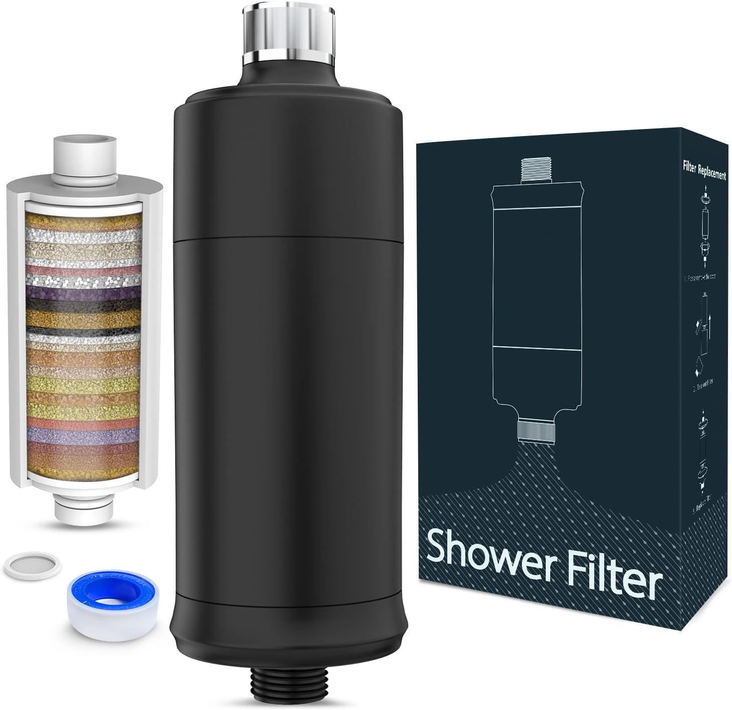 Filtro de Ducha de 32 Etapas con Vitamina C, MEKO Filtro Antical para Agua Dura, Filtro con Cartuchos Reemplazables de Purificación Multietapa para Eliminar Cal, Cloro Residual (Negro)