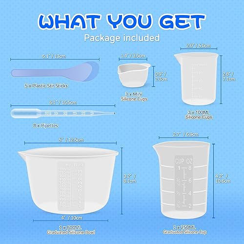 Miniatura 2 de Tazas de medición y mezcla de resina de silicona para suministros de resina, tazón de 600ml20oz, tazas de silicona reutilizables engrosadas de 250 y