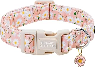 Elegant little tail Dog Collar, Pink Daisy Print Spring Soft Cotton Puppy Collars Adorable Female Pet Gift Lightweight Plastic Adjustable Dog Collar for Medium Dogs