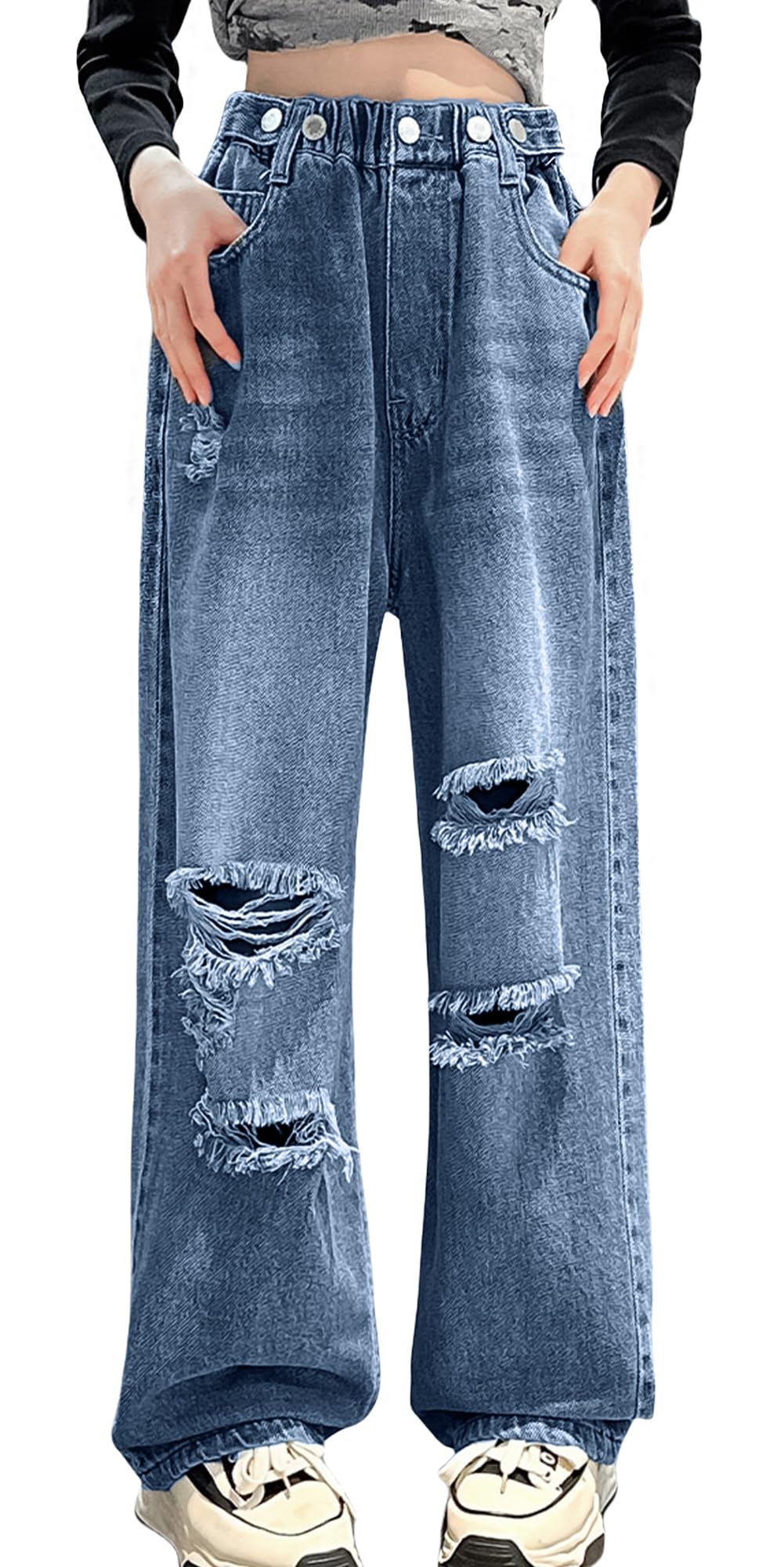 Maeau Jeans strappati a gamba larga per ragazze, pantaloni in denim sfumato, vestibilità larga, pantaloni per il tempo libero, con elastico in vita e tasche, 5-14 anni/altezza 120-170 cm