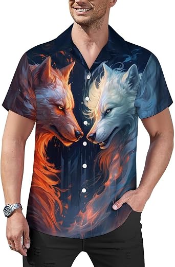 Mens Hawaiian Wolf Shirt Casual Button Down Shirts Short Sleeve Aloha Trippy Shirt