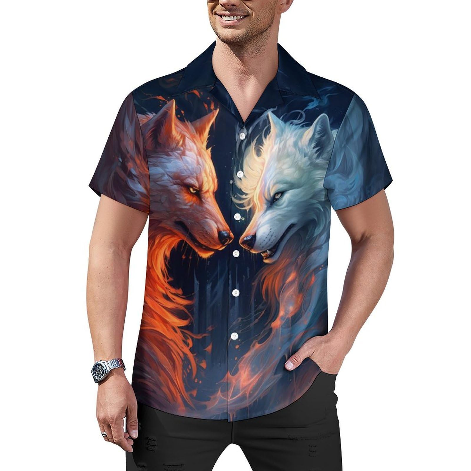 RASBCTK Mens Hawaiian Wolf Shirt Casual Button Down Shirts Short Sleeve Aloha Trippy Shirt