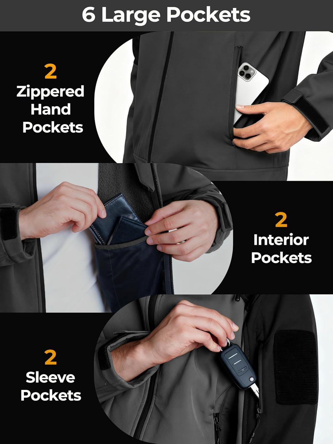 Men's Waterproof Softshell Jacket,Windproof Fleece Lined Winter Coat with Hood,Lightweight and Warm - Image 5