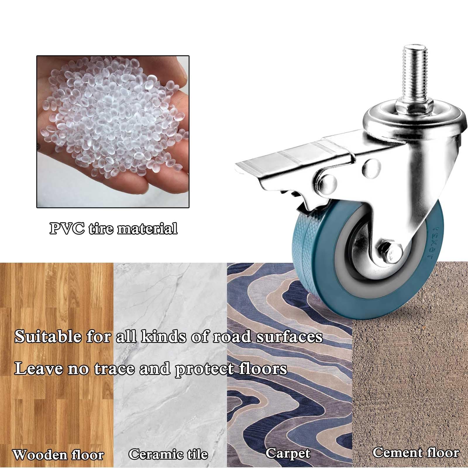 Set di 4 Ruote girevoli, Ruote girevoli da 65 mm e 75 mm per mobili con Freno di Sicurezza, Senza segni sul Pavimento, Ruote girevoli con Stelo filettato, Misura metrica M10/12, RU