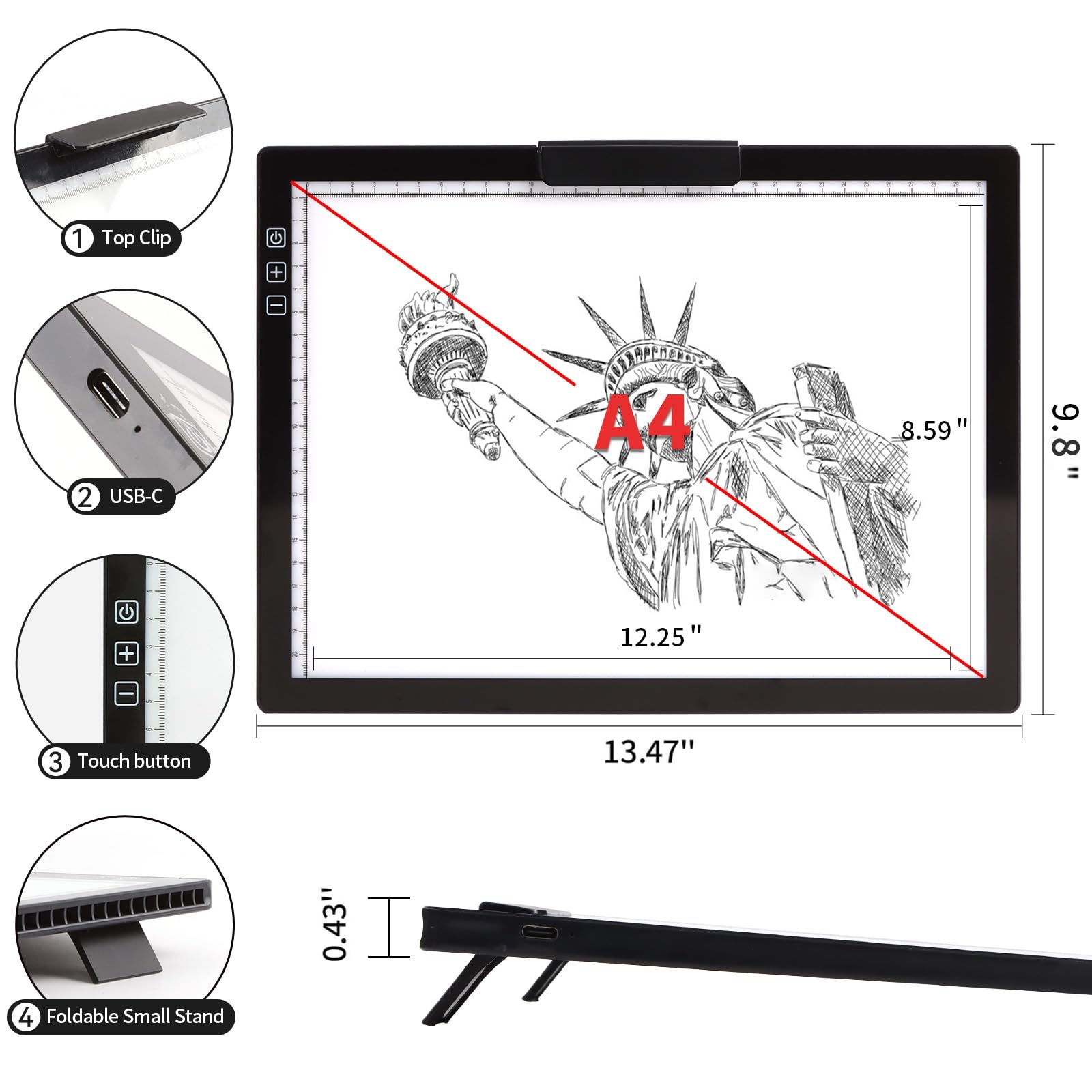 Bloc lumineux rechargeable A4 – 6 niveaux de luminosité à intensité variable – Tableau lumineux pour peinture diamant avec clip supérieur, alimentation par piles pour le traçage du vinyle