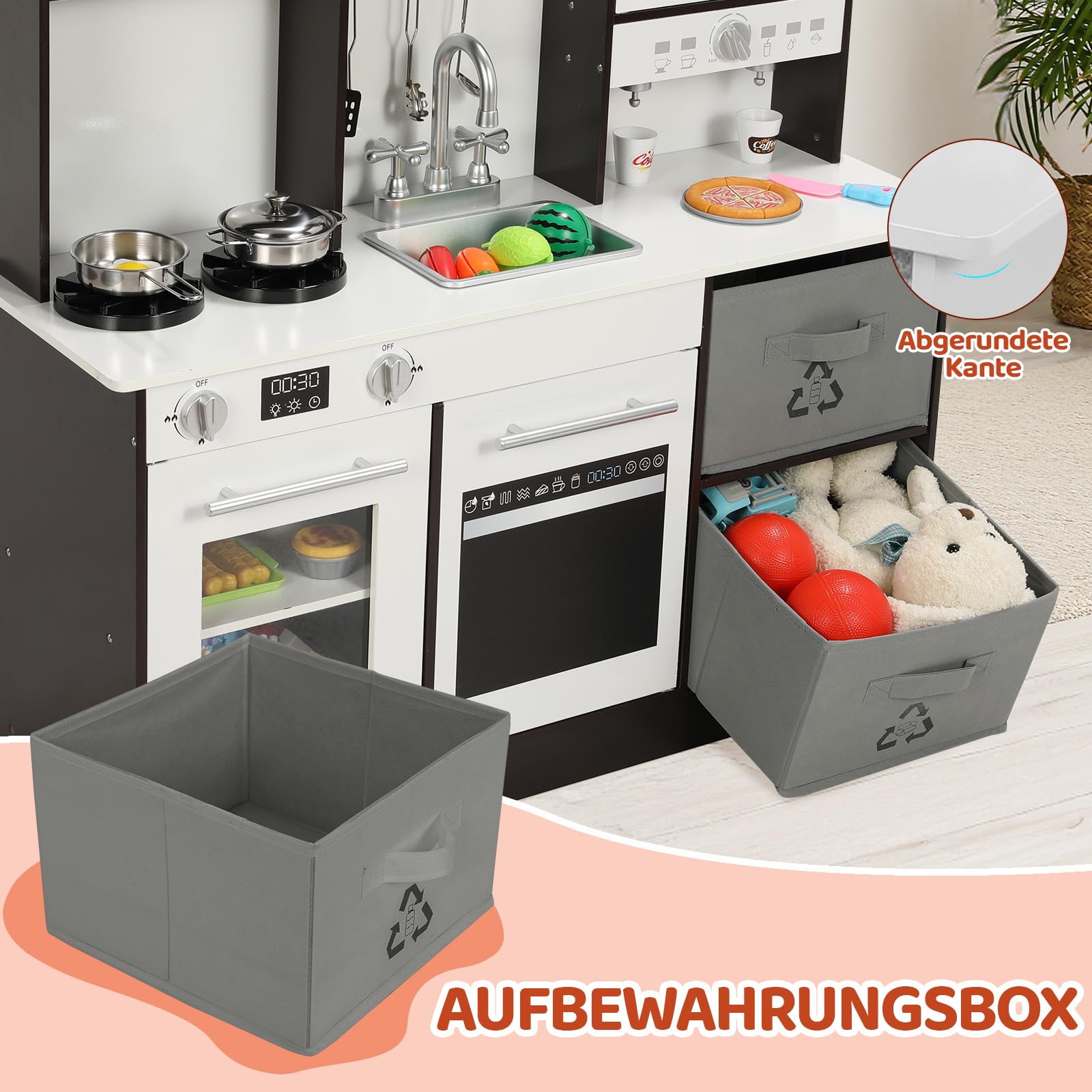 MAMIZO Kinderküche Holz, Spielküche mit Licht und Sound, Puppenküche Holz für Kinder, 90x30x90 cm kinderküchen, mit Küchenzubehör und 2PCS Aufbewahrungsboxen, Spielzeug für Kinder ab 3 Jahren, Braun