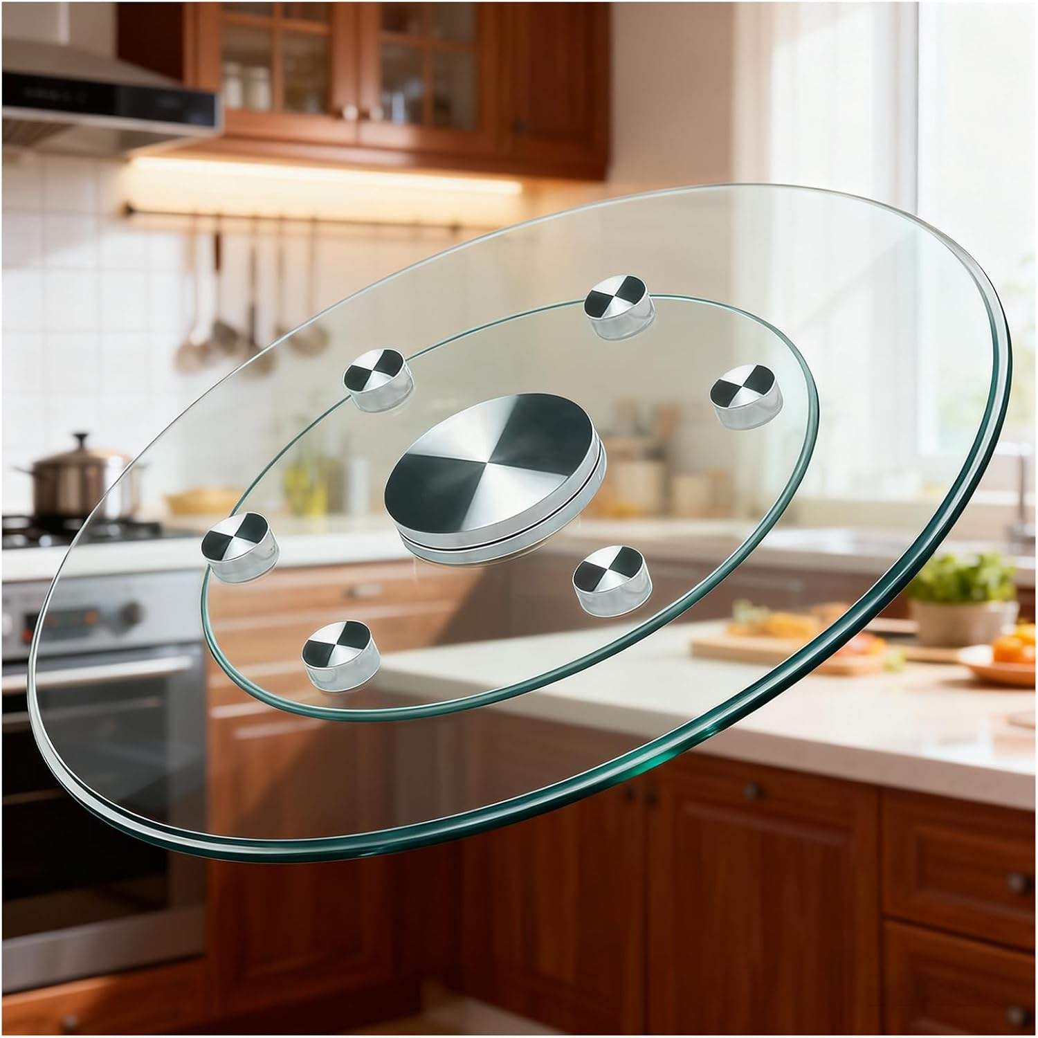 23" Large Glass Lazy Susan for Dining Table Kitchen Round Clear Turntable Serving Tray with 6 Rotating Wheels, Spin Table Centerpiece for Party, Wedding