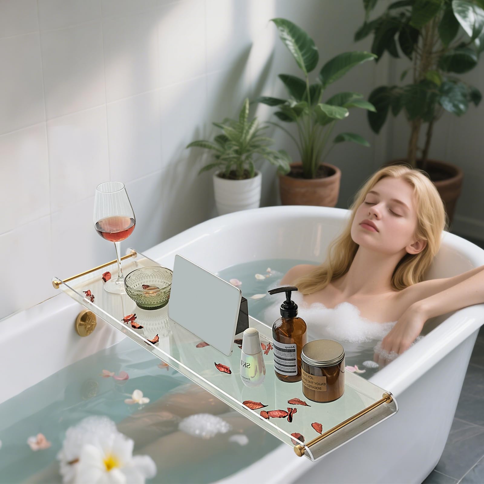 SHUNLI - Bandeja de acrílico para bañera, Estante Transparente para bañera con Mango Dorado, Organizador de baño de Lujo para Tablet