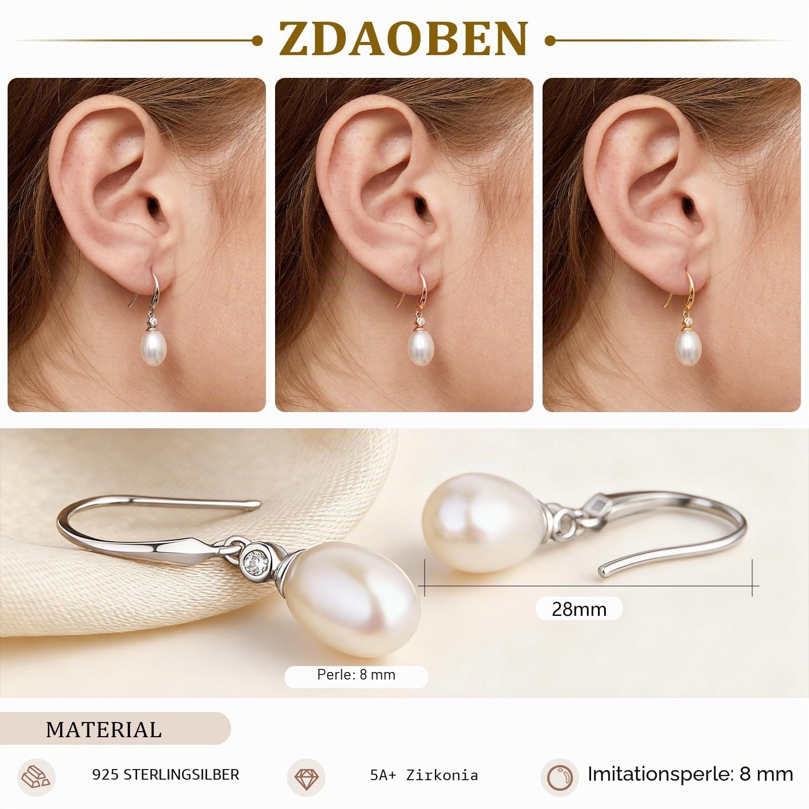 Perlenohrringe 925 Sterling Silber Perlen Hängende Ohrringe Perle Ohrhänger Schmuck Geschenke für Damen Braut Hochzeit Oval Rund 8 mm