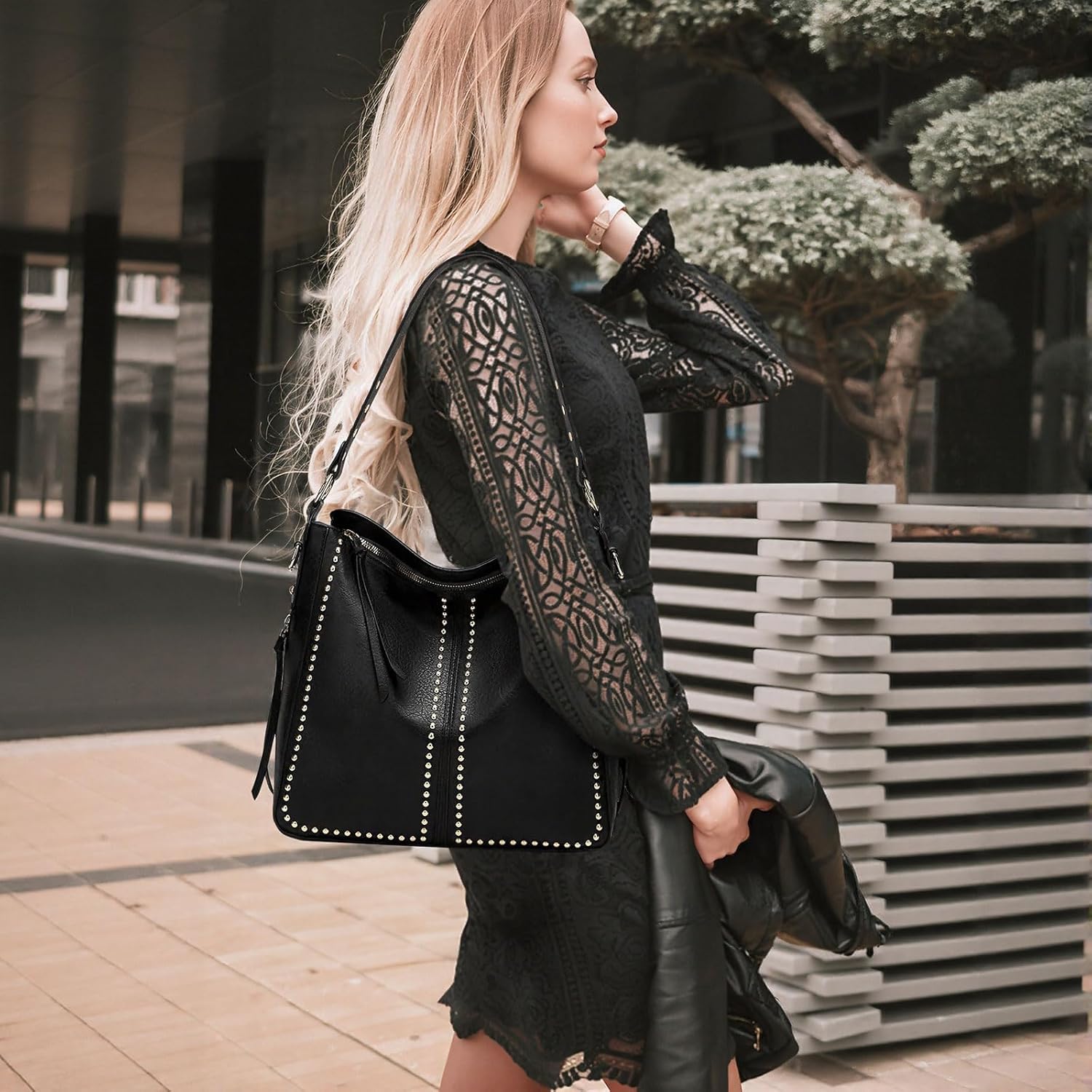 Roomy Hobo Tote Bag for Women, Studded Shoulder Handbag, 2-Piece Set with wallet, Crossbody Purse with Wide Boho Guitar Strap - Image 2