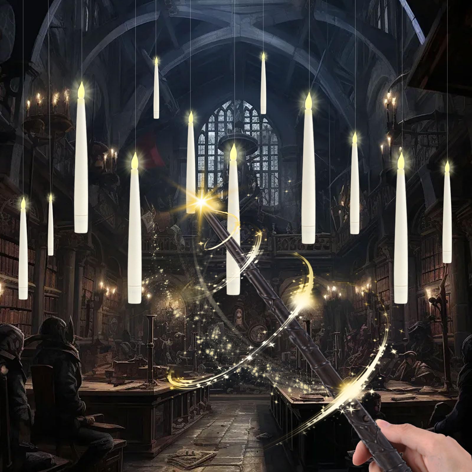 MeYuxg schwebende Kerzen mit Zauberstab, 12 Stück Fliegende Kerzen Flackernde Floating Candles LED Stabkerzen Schwimmkerzen für Halloween Weihnachten Hochzeit Party Deko