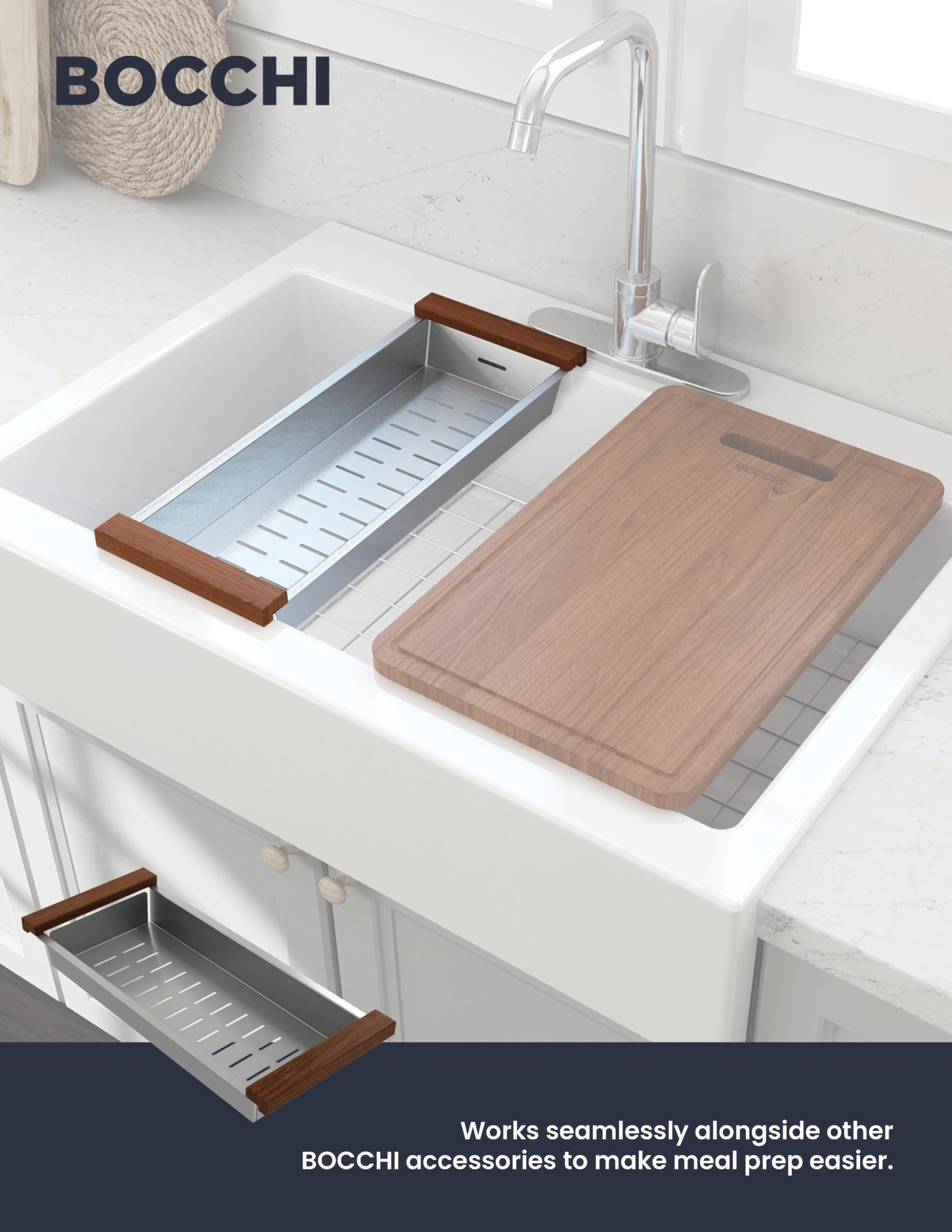 BOCCHI Deep Stainless Steel Colander w/Wooden Sapele Handles for 1500, 1501 & 1551 sinks