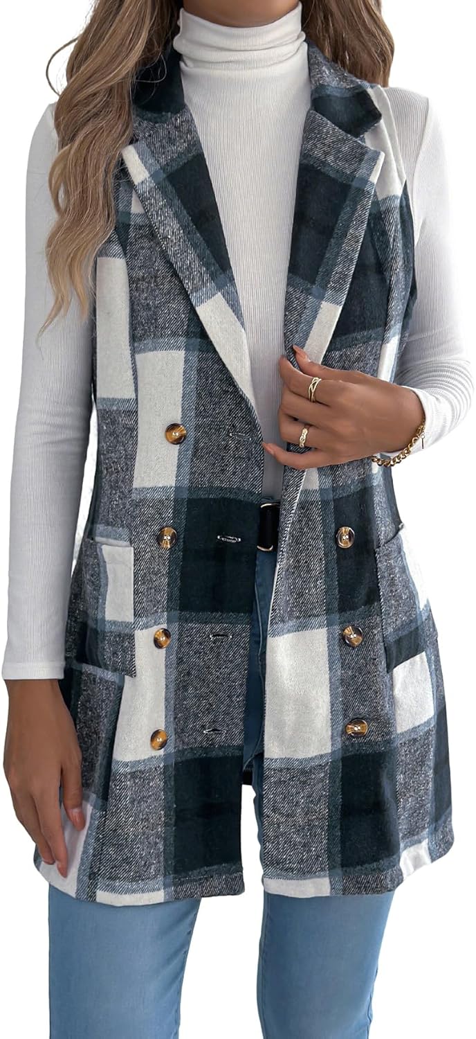 IDEALSANXUN Womens Plaid Vest Jackets Fall Winter Casual Sleeveless Blazer Waistcoat