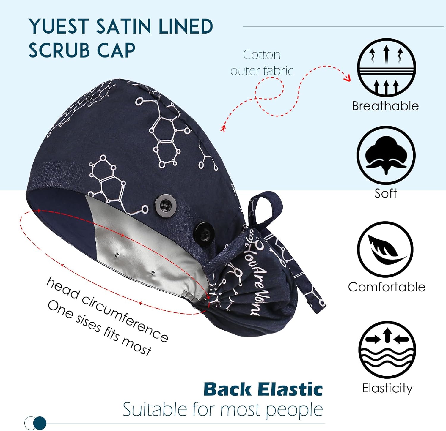 Satin Lined Scrub Caps with Buttons & Sweathand, Surgical Caps for Women - Image 2