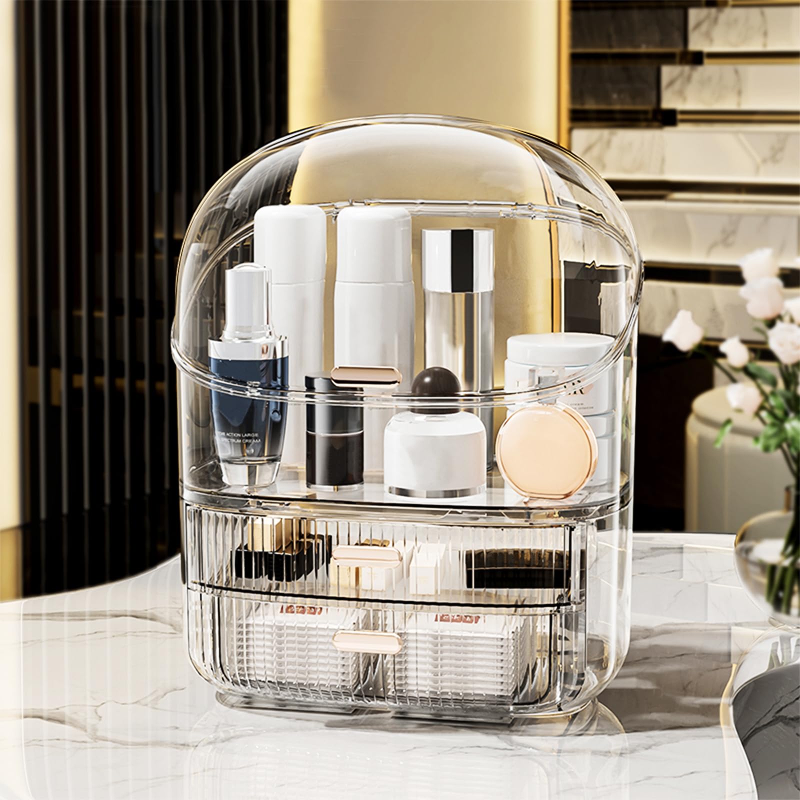 DASITON Großer Make up Kosmetik Organizer mit 2 Schubladen,Staubdichte Kosmetik Aufbewahrung mit Deckel,Cosmetic Skincare organizer für Schminktisch,Badezimmer,Schlafzimmer(Transparent)