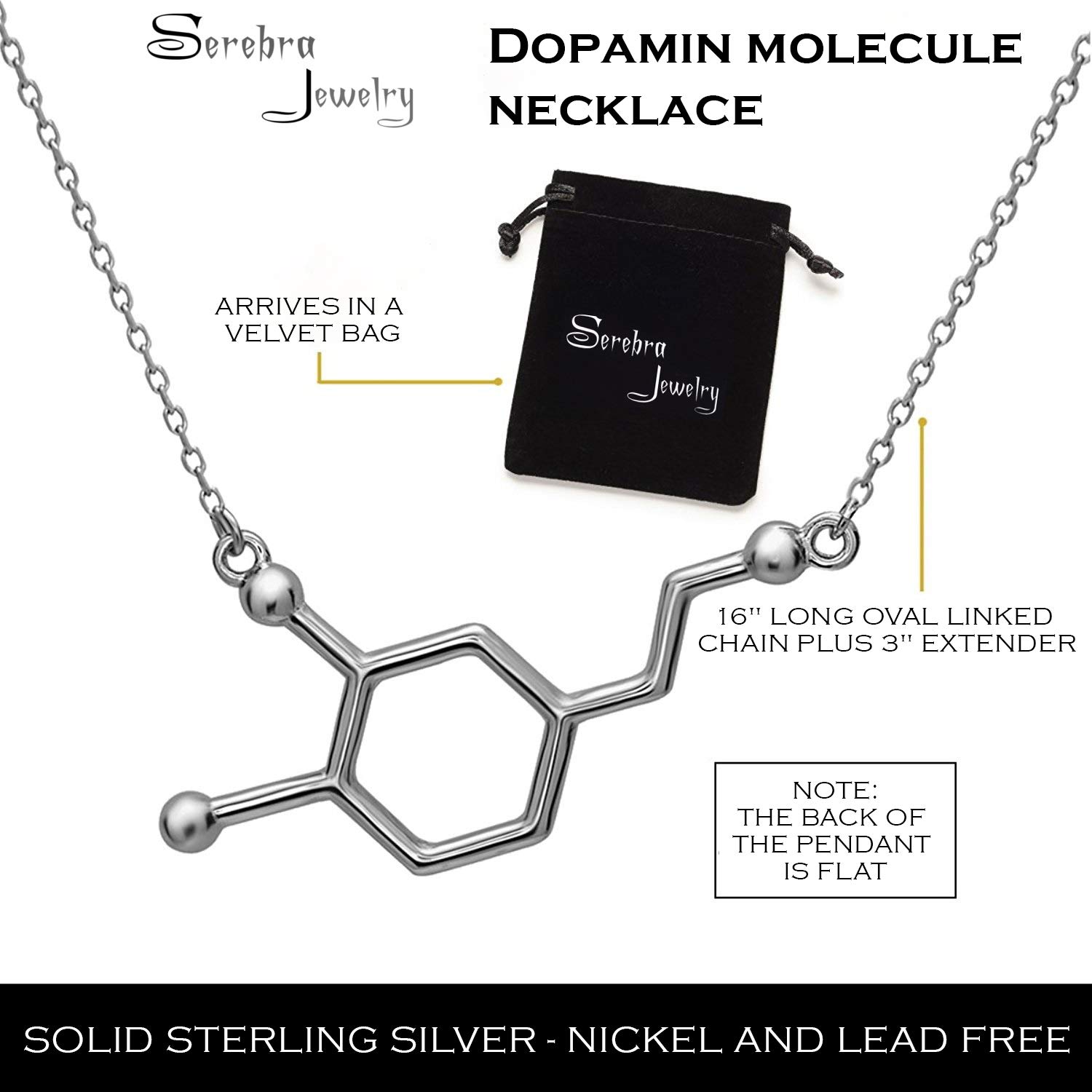 Dopamina Molecola Pendente Ciondolo con Collana | Realizzato in Argento Sterling 925, Placcato Oro e Oro Rosa
