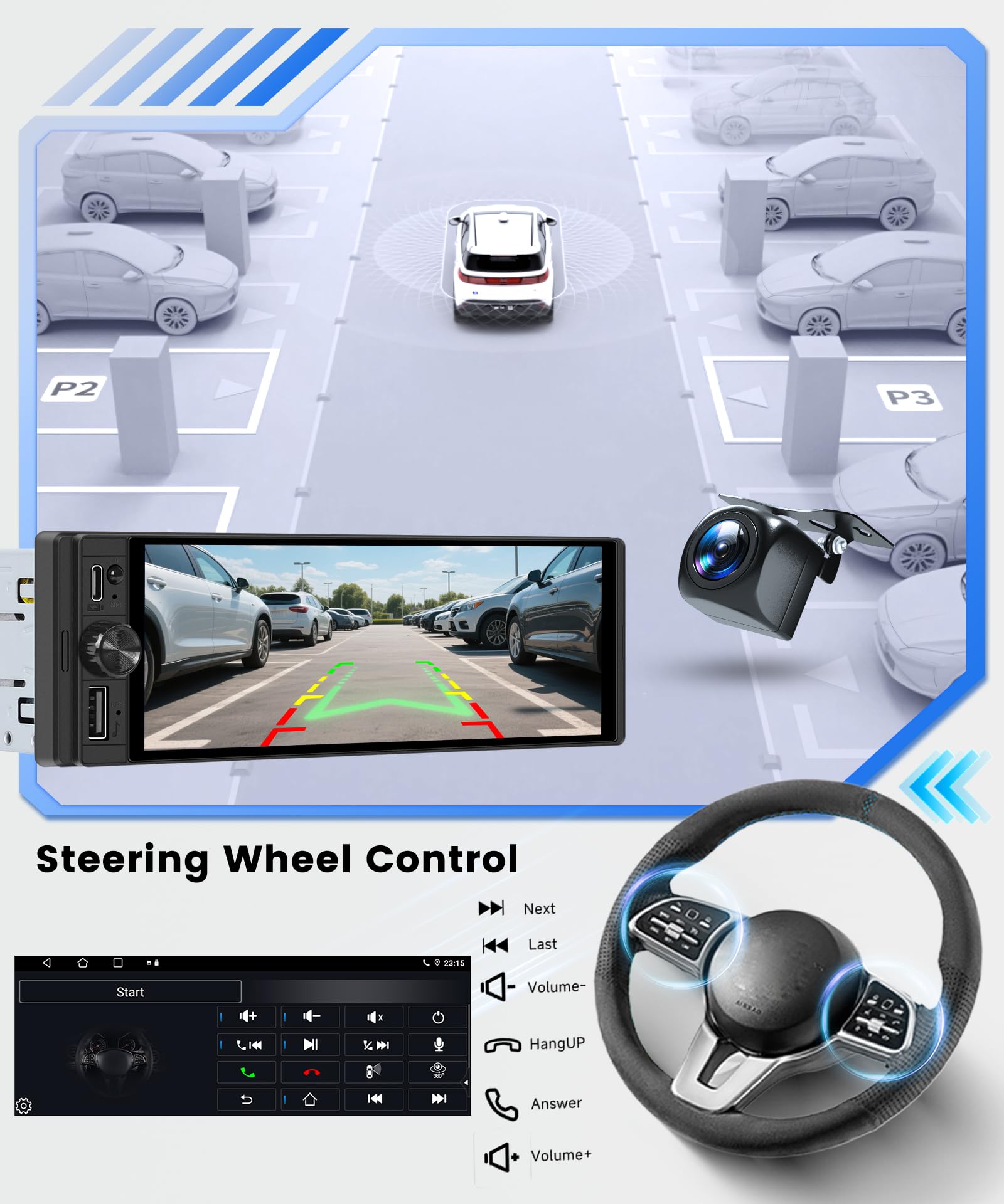 Rimoody Radio samochodowe 2 + 64 GB 1 DIN Android 15-6,28 cala INCELL ekran dotykowy, bezprzewodowy CarPlay/Android Auto, GPS, FM/RDS/EQ Mirror Link, sterowanie za kierownicą, kamera cofania