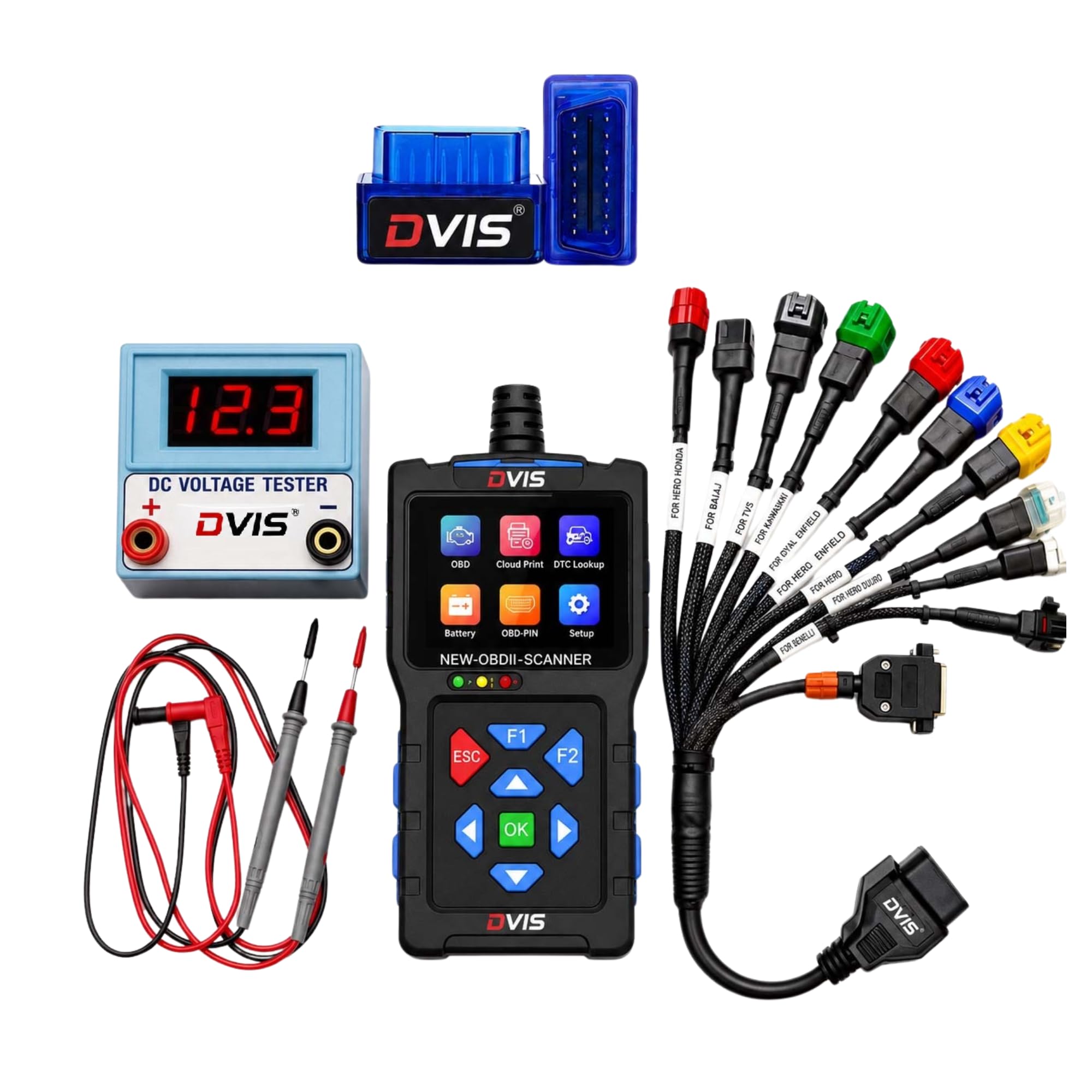 DVIS T300 OBD II Scanner with ELM 327 & DC Testor for BS6/BS7