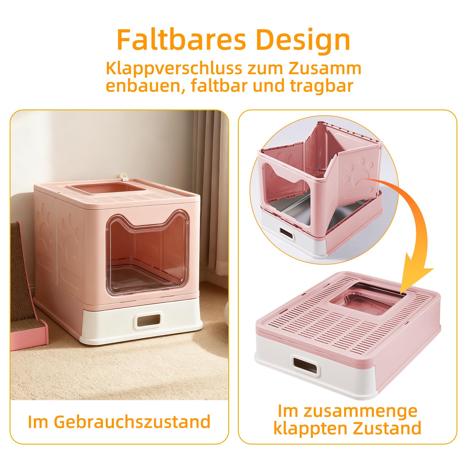 Inodoro XL para gatos con tapa, acero inoxidable con bandeja extraíble y pala, 51 x 41 x 38 cm (rosa, clásico)