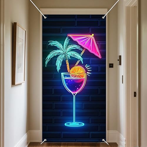 Miniatura 6 de IVN Cubierta para puerta de cóctel de neón, póster de luz LED, diseño de palmera y paraguas con rodaja naranja, vibrante brillo de neón de 12 x 18