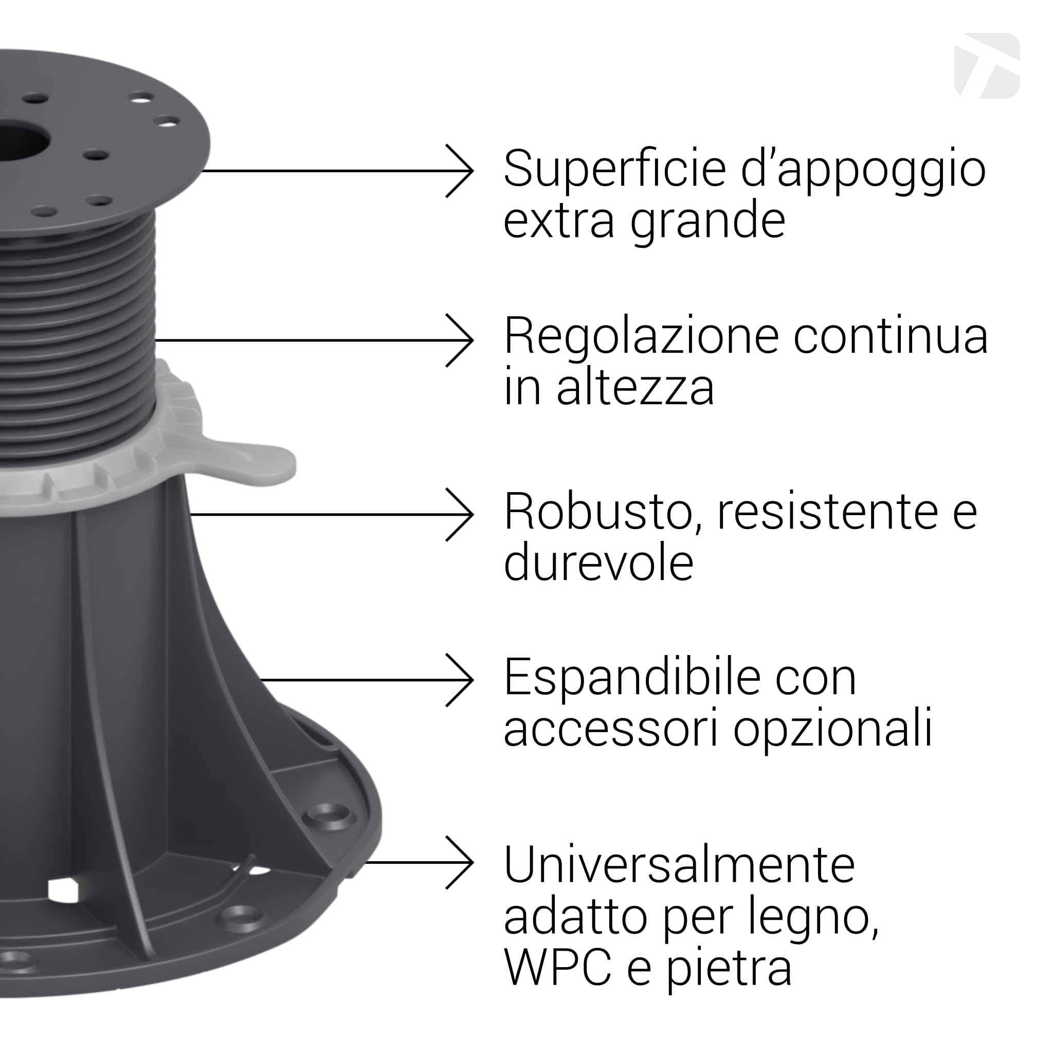 Trevendo Universal Base regolabile per lastre die pietra, assi di legno e WPC - Taglia M 30-45 mm, Confezione da 25
