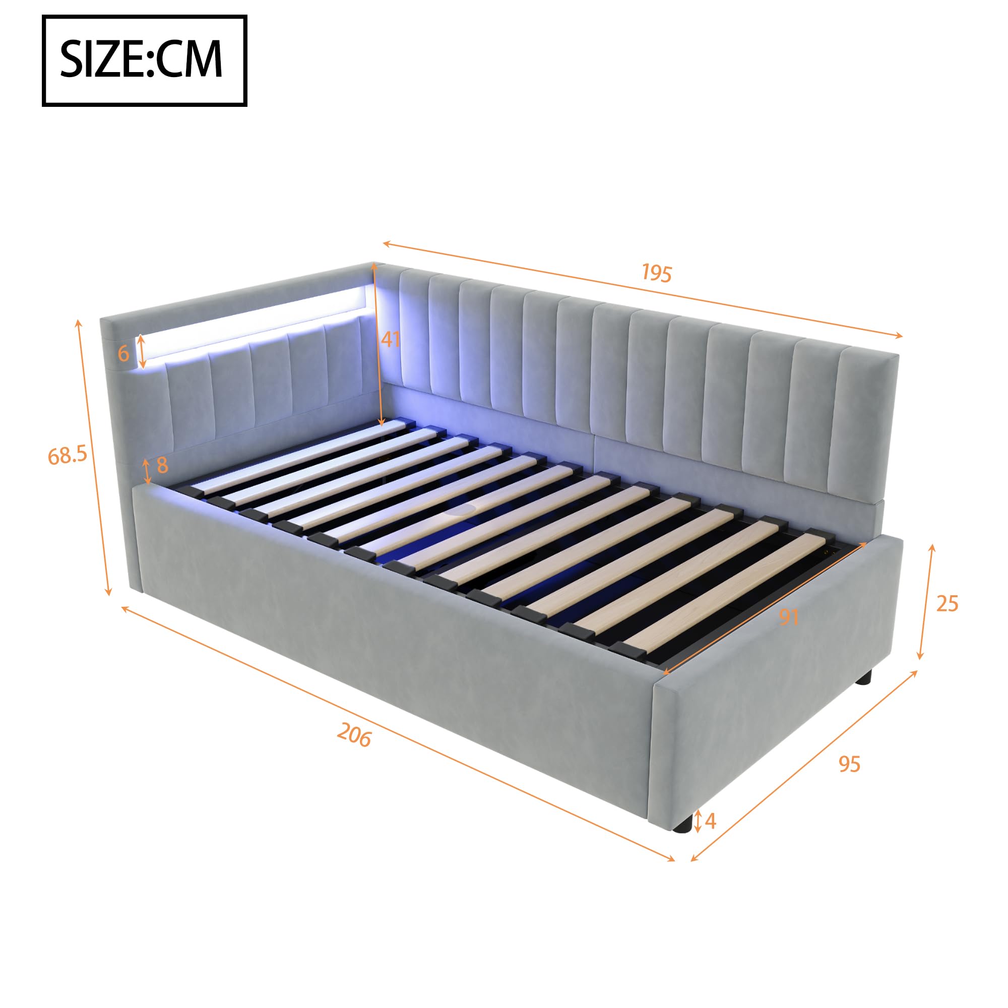 Divano letto imbottito 90 x 200 cm, con illuminazione a LED e spazio idraulico, design classico a righe verticali, testiere laterali con posizioni intercambiabili, rete a doghe, tessuto in velluto