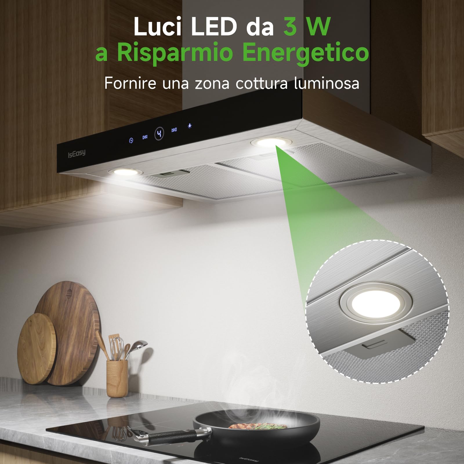 IsEasy Cappa Aspirante Inclinata 60 cm, Cappa Cucina con 590m³/h Forte Potenza di Aspirazione, 4 Livelli di Regolazione, 1-9 Minuti di Ritardo di Arresto, 67 dB, Argento, Class A++