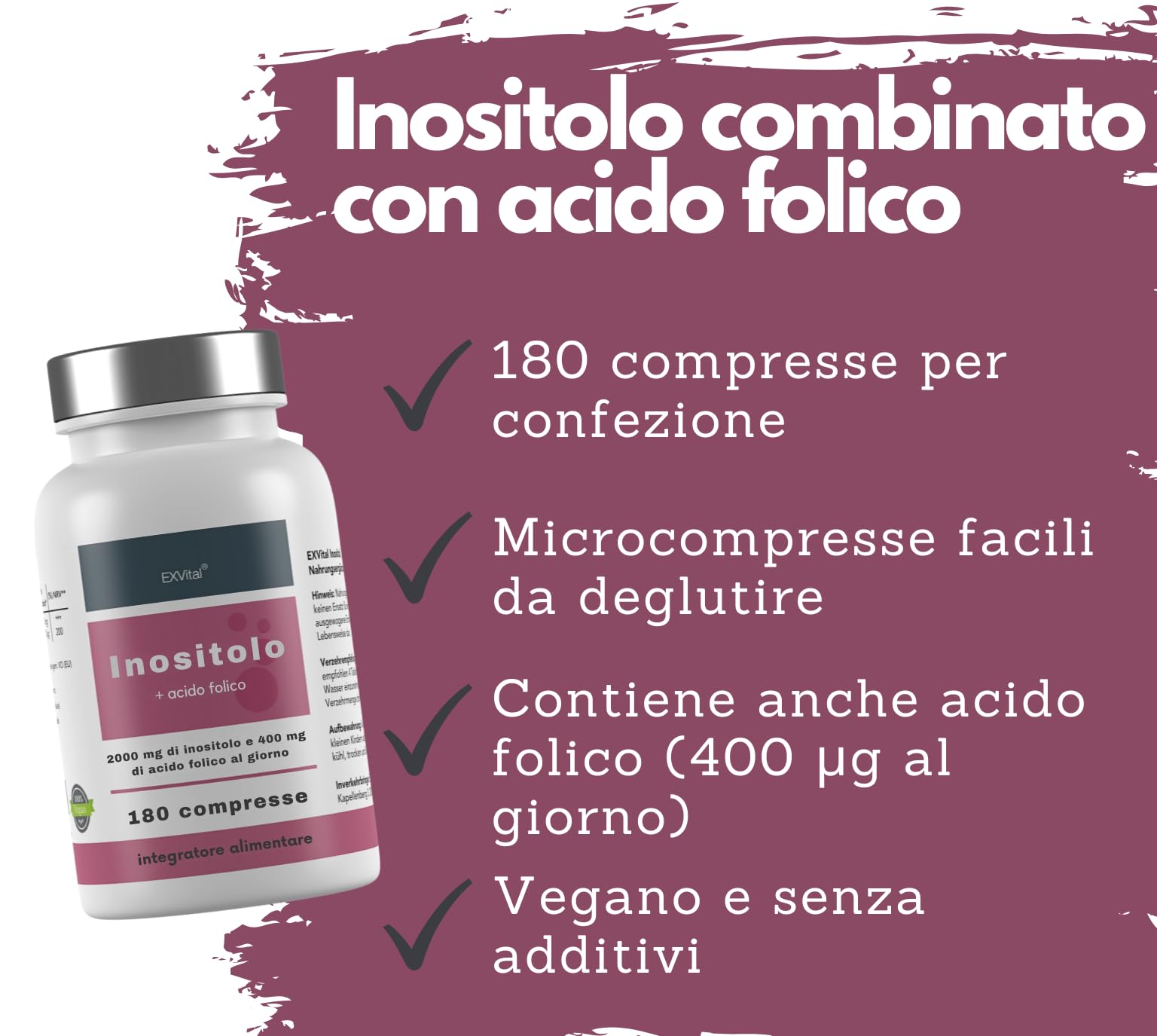 Inositolo, combinato in modo ideale con acido folico, 180 compresse, puro mio-inositolo, ad alto dosaggio: 2000 mg e 400 μg di acido folico al giorno, vegano e senza additivi!