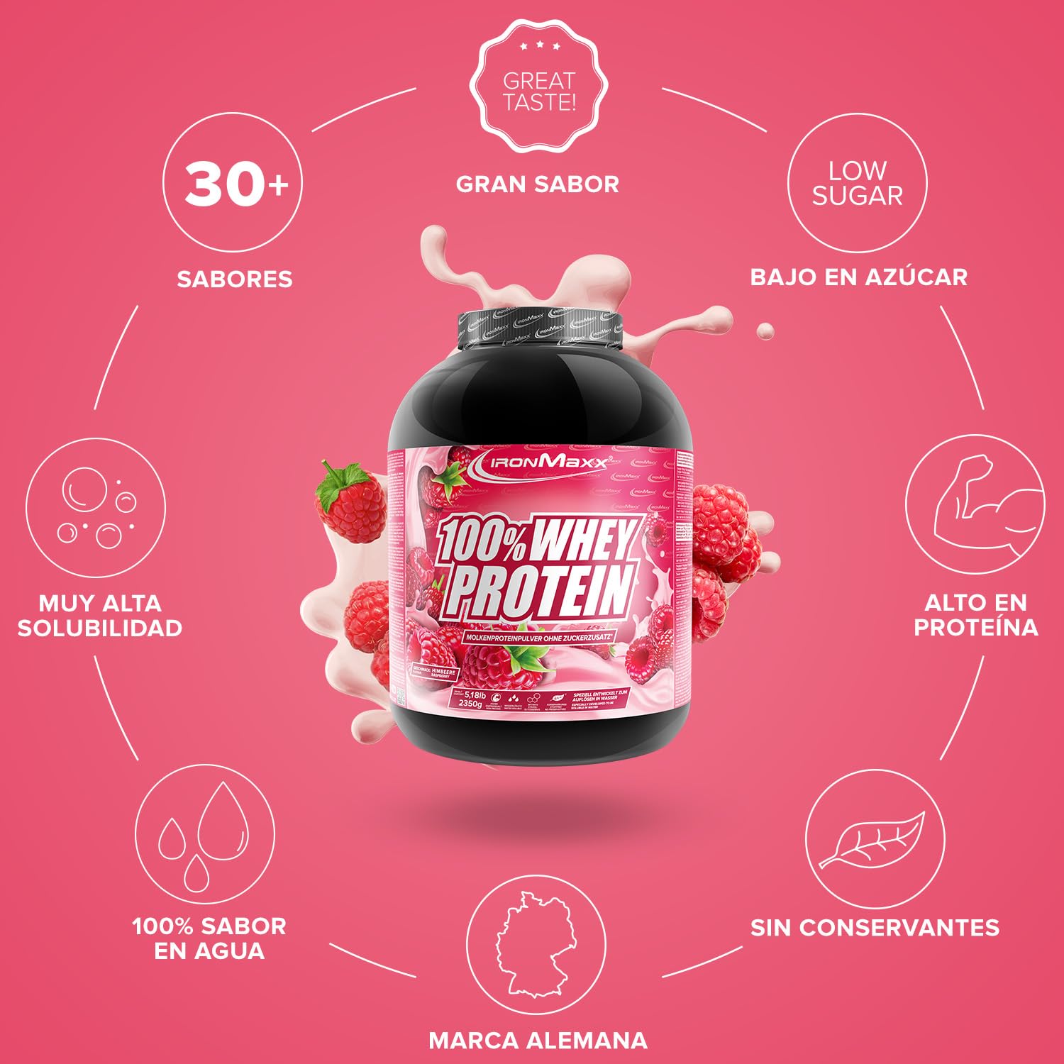 IronMaxx Proteina de Suero 100% Whey en Polvo 2350 g Sabor Frambuesa - Batido Proteico Cremoso con BCAA y EAA - Alto en Proteinas, Bajo en Azucar y Carbohidratos - Para Entrenamiento y Fitness