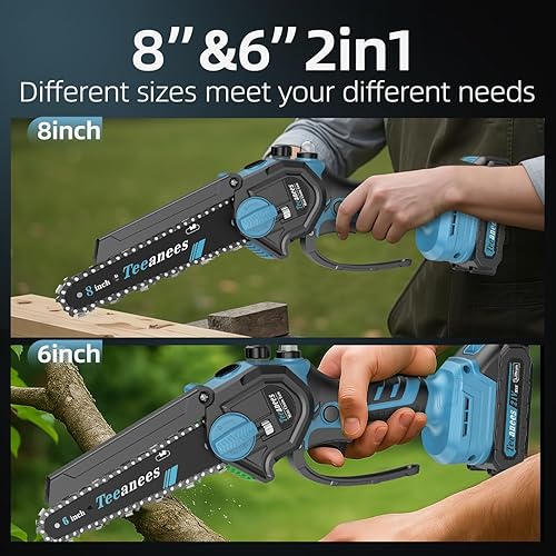 Miniatura 8 de Mini motosierra inalámbrica de 8 pulgadas, motosierra eléctrica portátil con 2 baterías de 4000 mAh, 8 cadenas, engrasador automático, sierra de