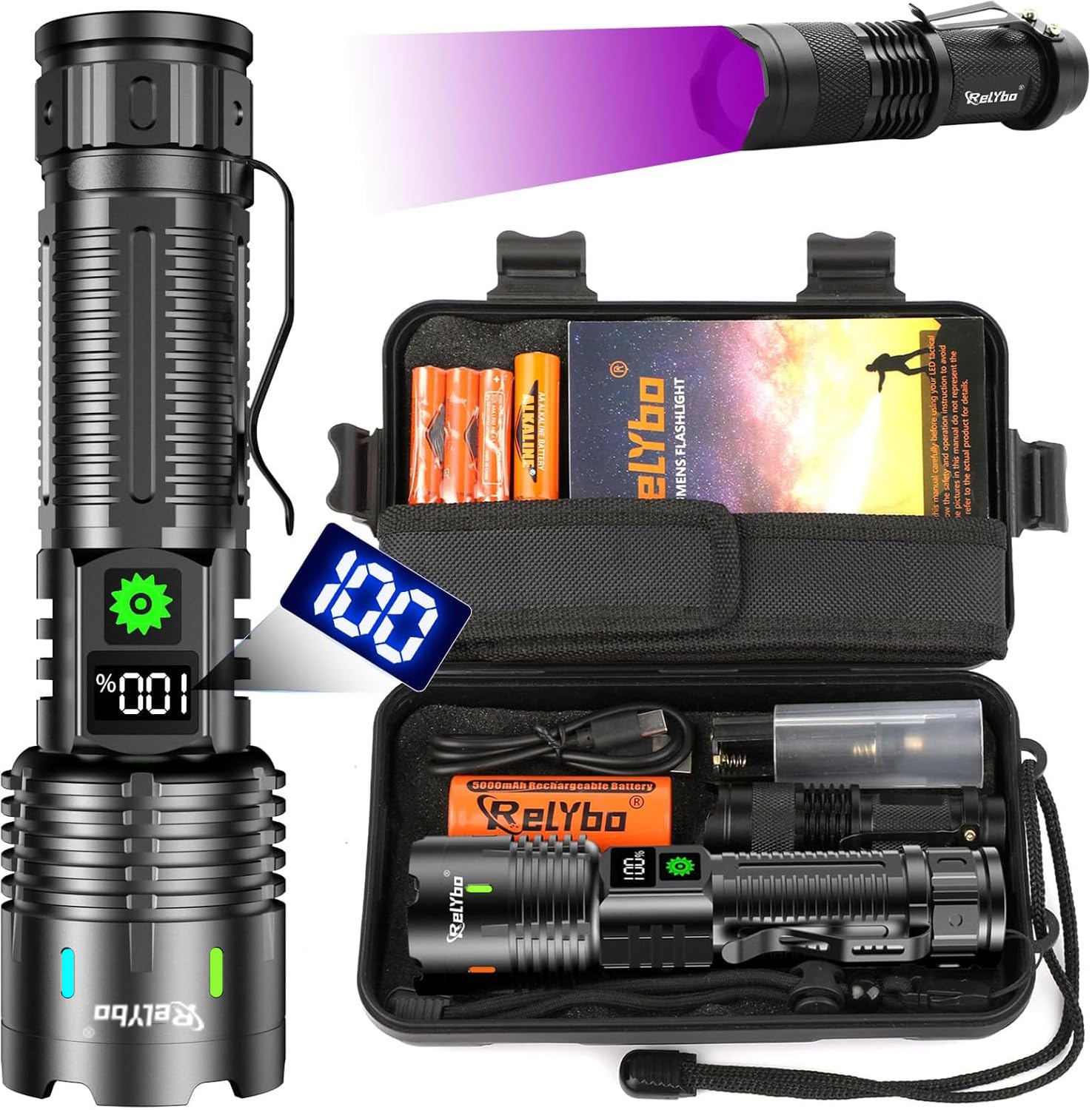 Relybo Taschenlampe Led Aufladbar, Led Taschenlampe Extrem Hell 500000 lumen, Taktische Taschenlampe - 1525M Weitschuss USB Mit Holster, Flashlight 5 Modi für Outdoor Notfälle Camping