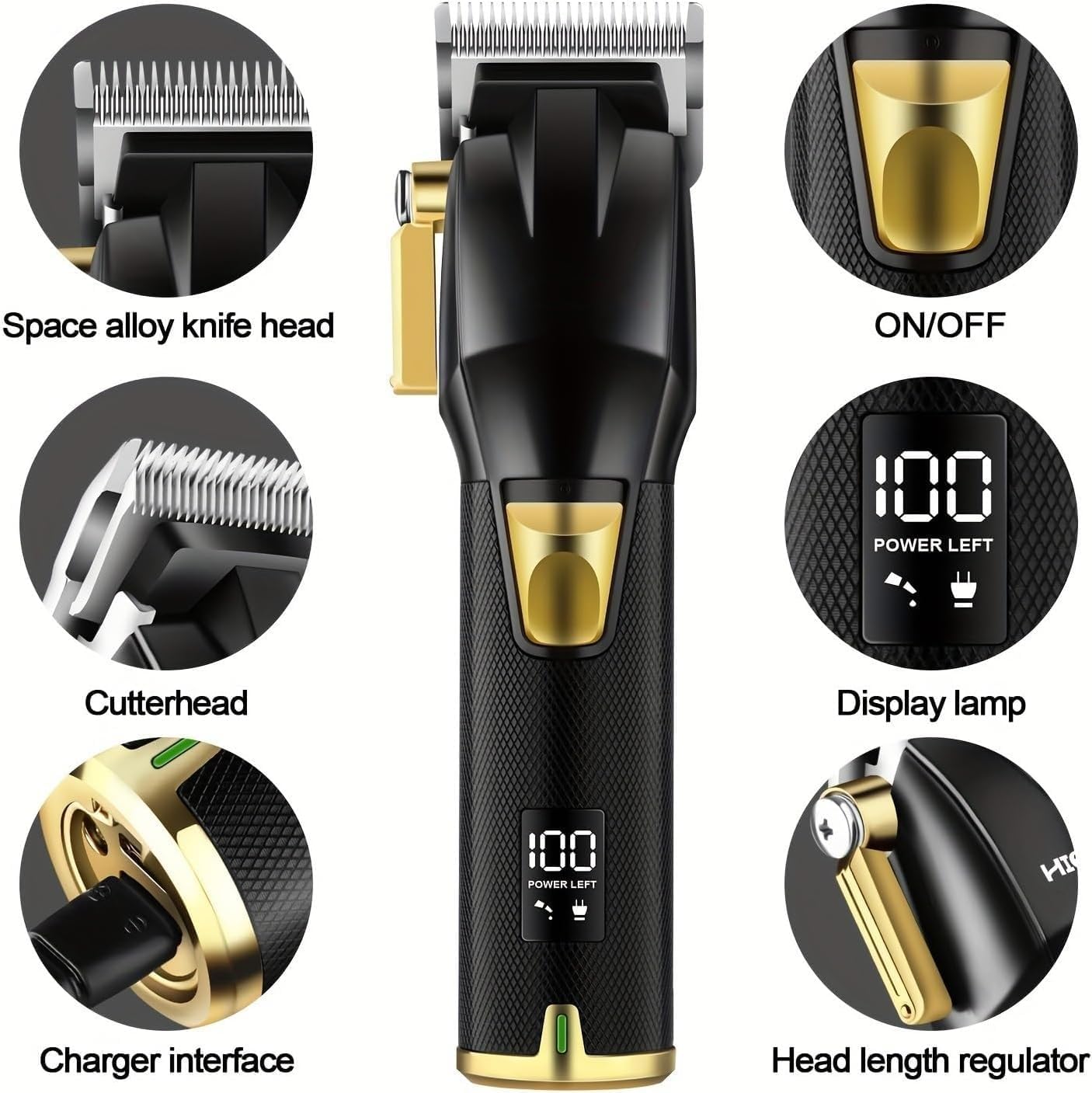 Hair Clippers for Men, 2PCS Professional Hair Clipper Set for Men, Rechargeable Hair Trimmer with LCD Digital Display, Electric Clipper, Black and Gold