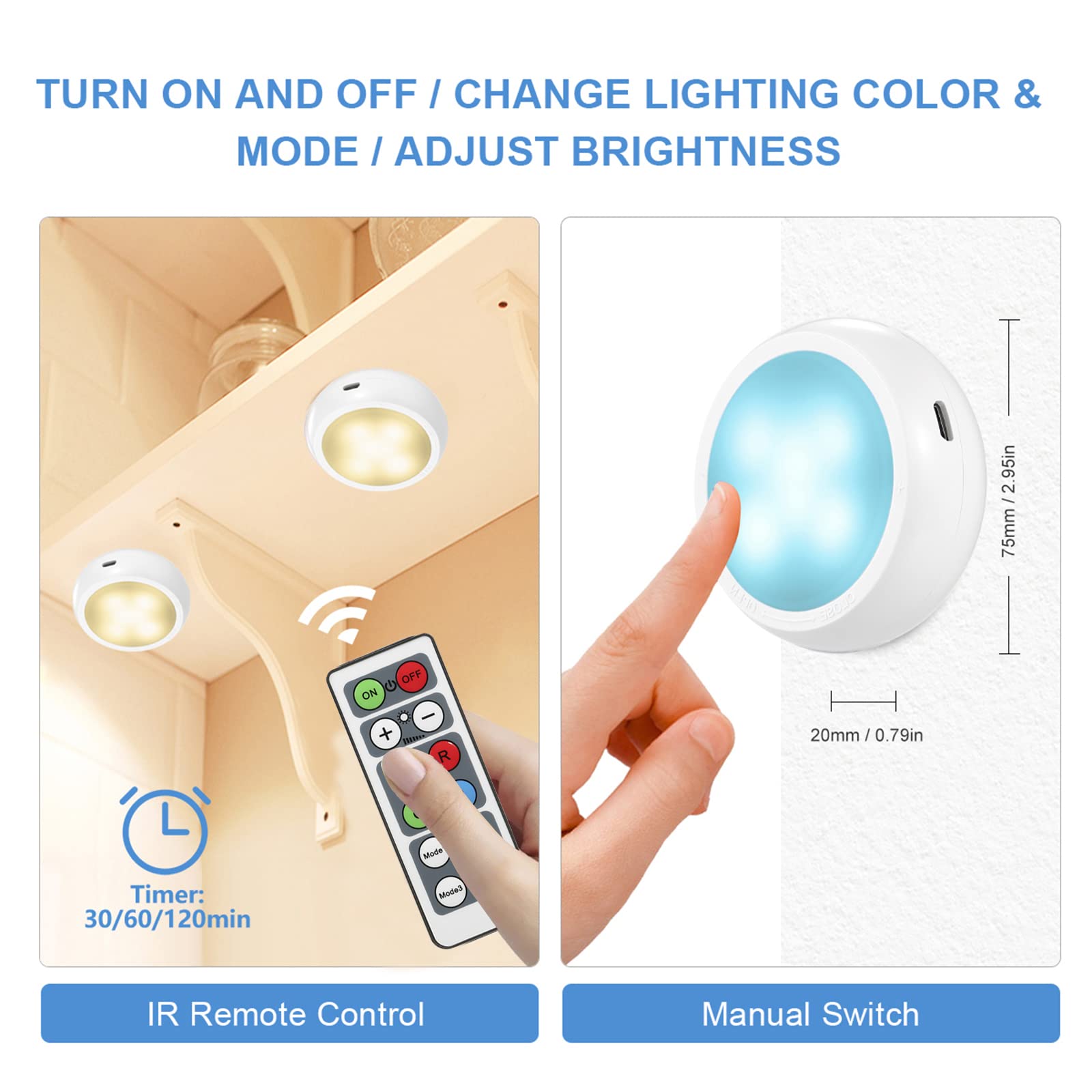 6 Luci LED Armadio Con Telecomando - 13 Colori, Luminosità Regolabile, Timer, Con Adesivi - Foto 4