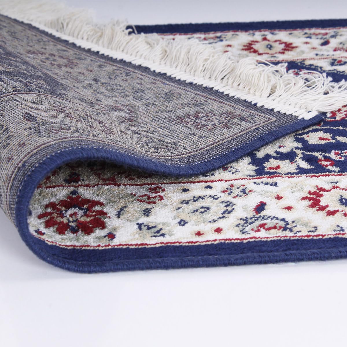 Tapis oriental perse classique SaRani avec frange dorée décor bleu bordeaux vert (140 x 200 cm, Bleu)