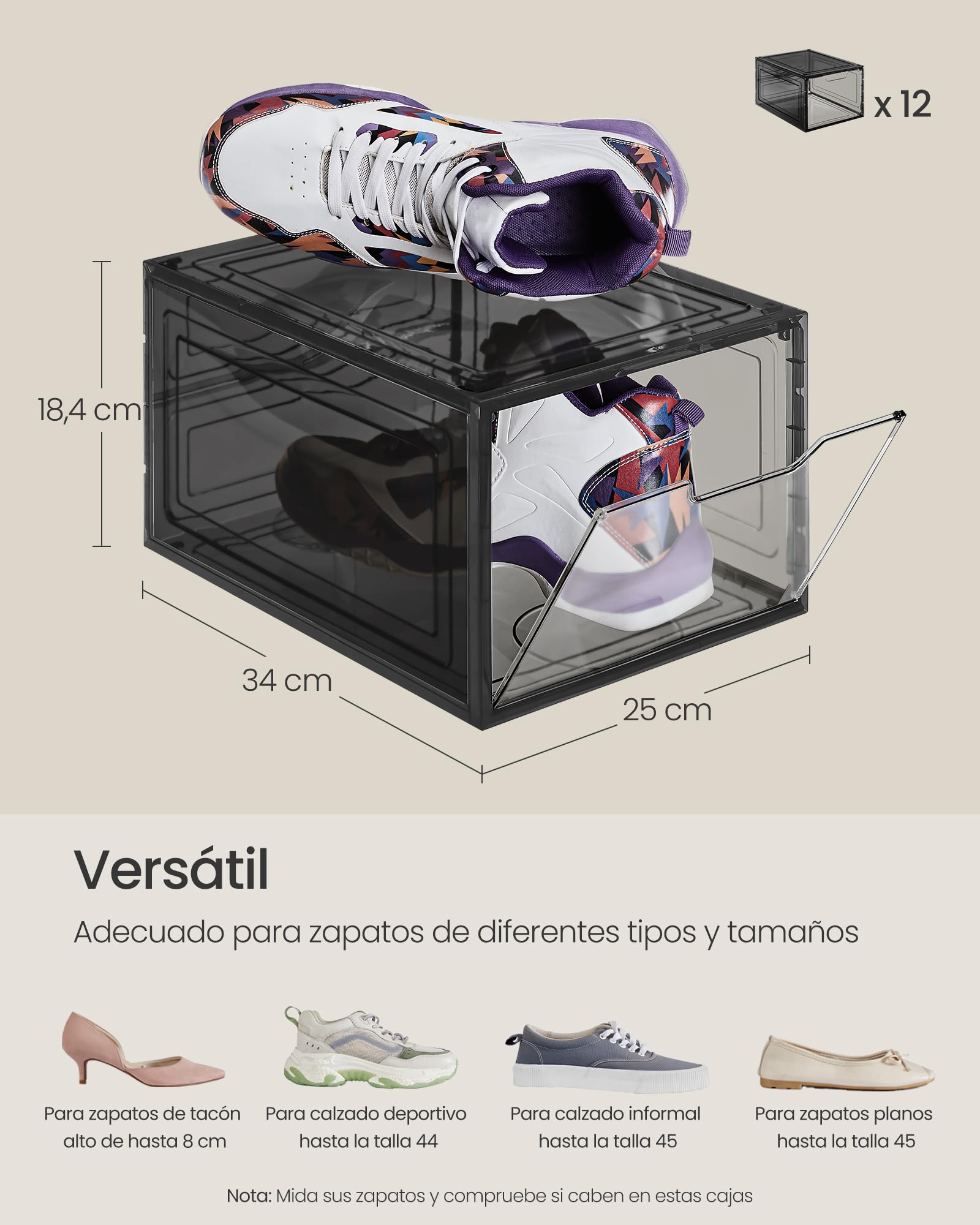 SONGMICS Cajas de Zapatos, Cajas Plástica Apilable para Zapatos, Juego de 12 Organizador de Zapatos, Ahorro de Espacio, Fácil Montaje, 34 x 25 x 18,4 cm, Hasta Talla 44, Negro Transparente LSP032B12V1