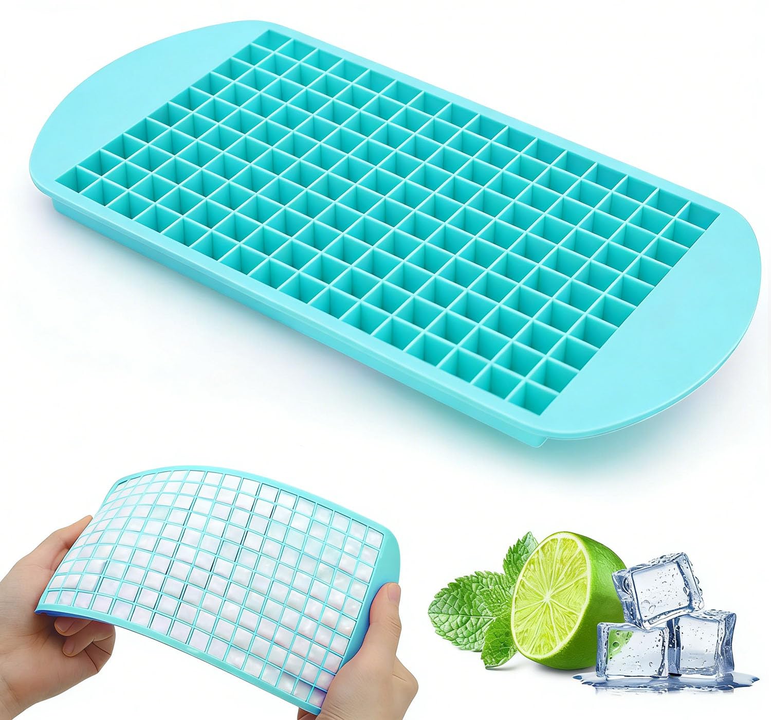 Zonopy Mini Ice Cubes, 1 Pack, Silicone Mold for 160 Ice Cubes for Kitchen, No Lid, Drinks/Beer/Baby Food/Fruit Ice Cubes, 1 x 1 cm, Cyan