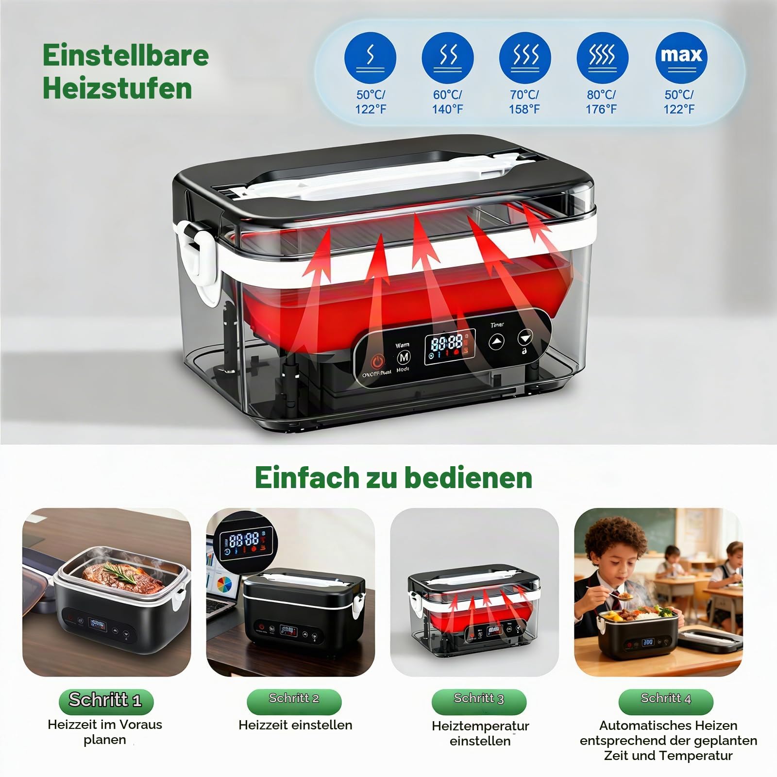 Kabellose Elektrische Lunchbox, Batteriebetriebene Beheizte Lunchbox für Erwachsene Tragbarer Speisenwärmer aus Edelstahl mit Geschirr und Isoliertasche für Auto Arbeit Reisen (1,2L)