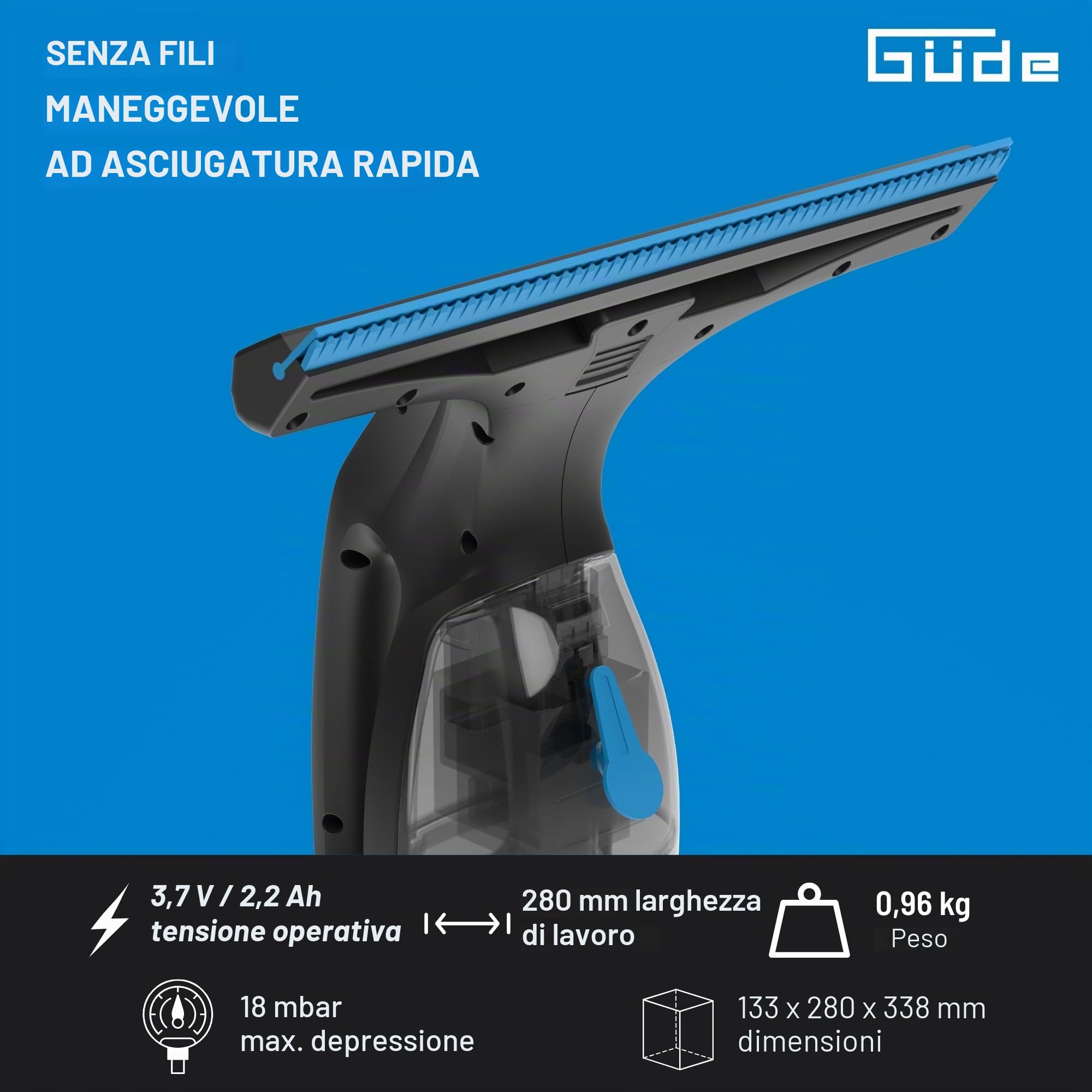 Güde Aspiratore per finestra a batteria GAFS 280 (3,7 V, 28 cm, 125 ml, serbatoio per acqua sporca, 1,8 kPa max. inferiore, 30 minuti di lavoro con batteria piena, con caricatore, flacone spray e 2