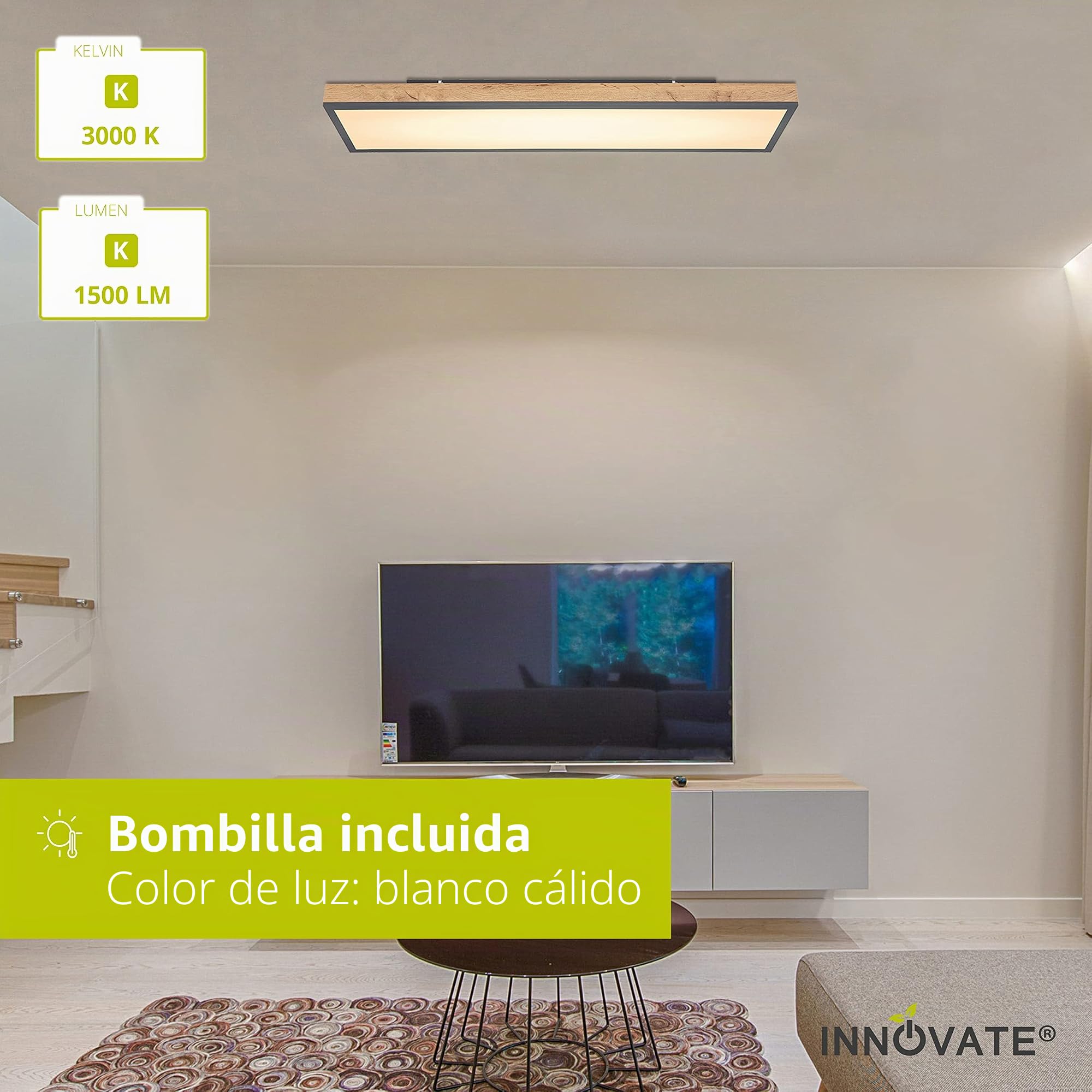INNOVATE Lampara techo LED apariencia madera [80x20cm - 1500 Lumenes - 3000K blanco calido - 24W] Plafon LED techo Luz para cocina, baño, dormitorio, WC I Aplique baño Foco Plafón (80x20)