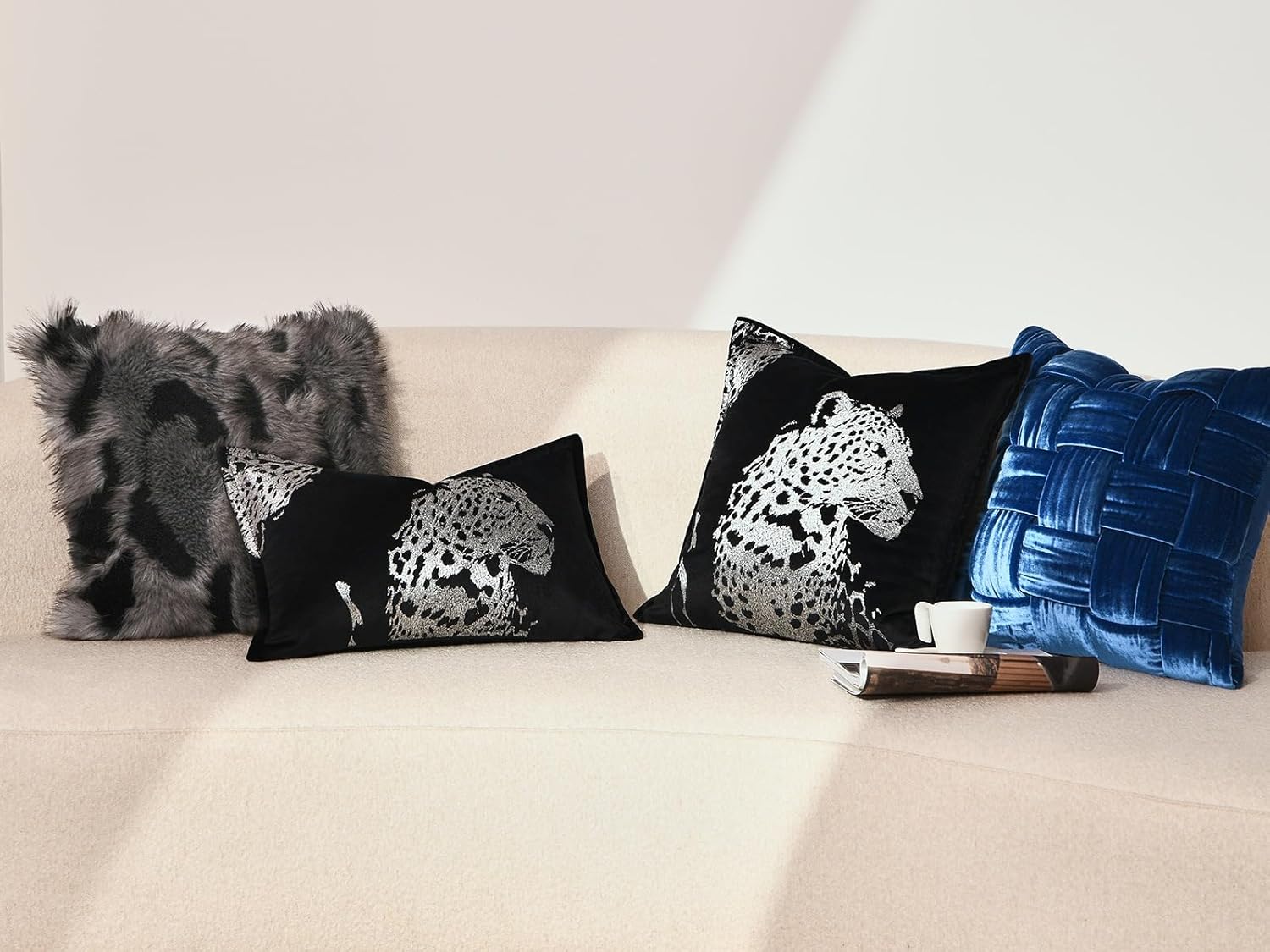 Velvet Lumbar Pillow Covers 12x20'' inches, Handmade Embroidered Cheetah Face Throw Pillow Case, Luxury Soft Decorative Cushion Cover for Sofa Bed Couch Living Room(Silver)