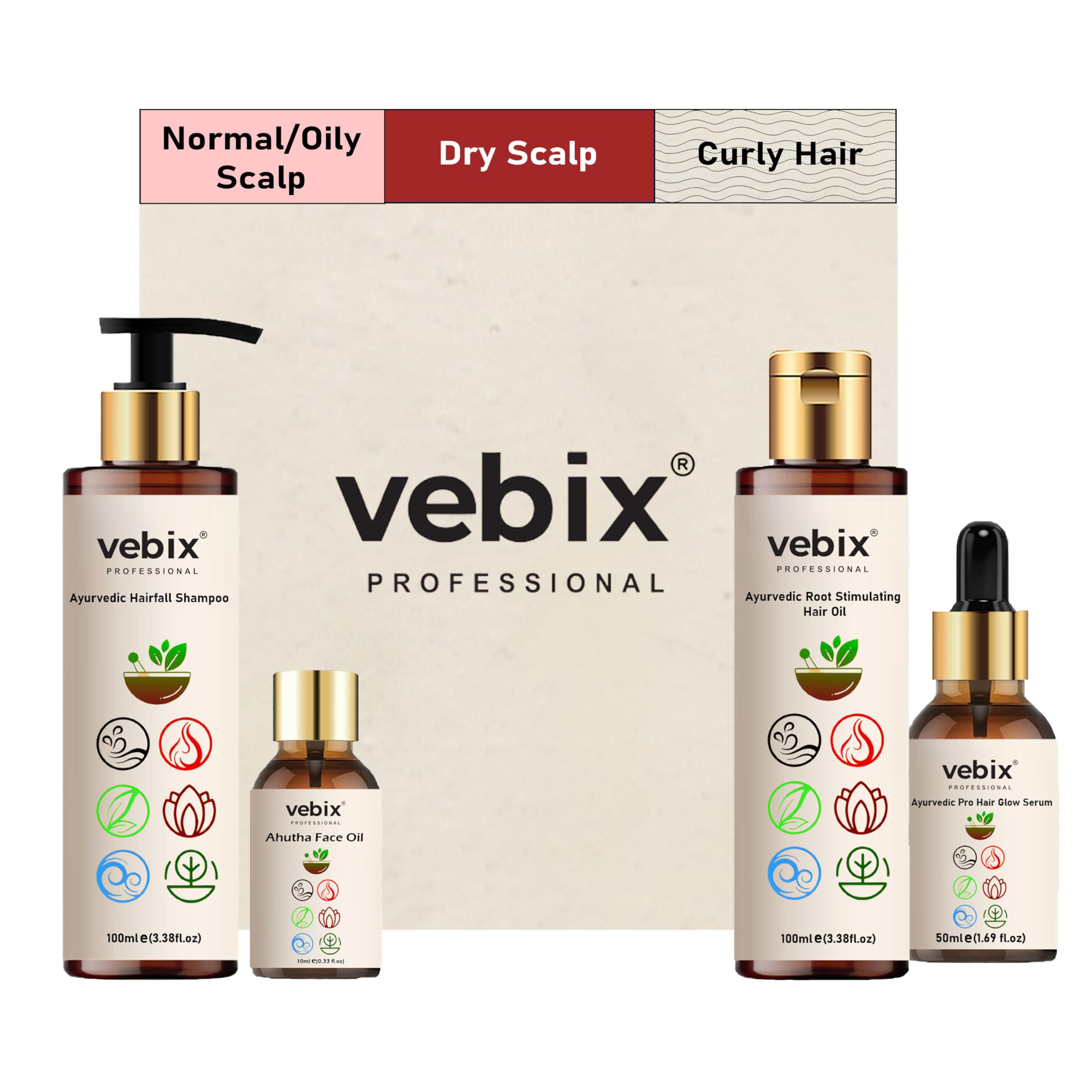 VebixProfessional Customized Regimen -4 Ayurvedic ProductKit- HairFallControl -AntiHairFall Neem Oil & Lotus Shampoo + Hair Growth Serum & Luxury Face Glowing Serum -8.79 Fl.oz (Dry Scalp)