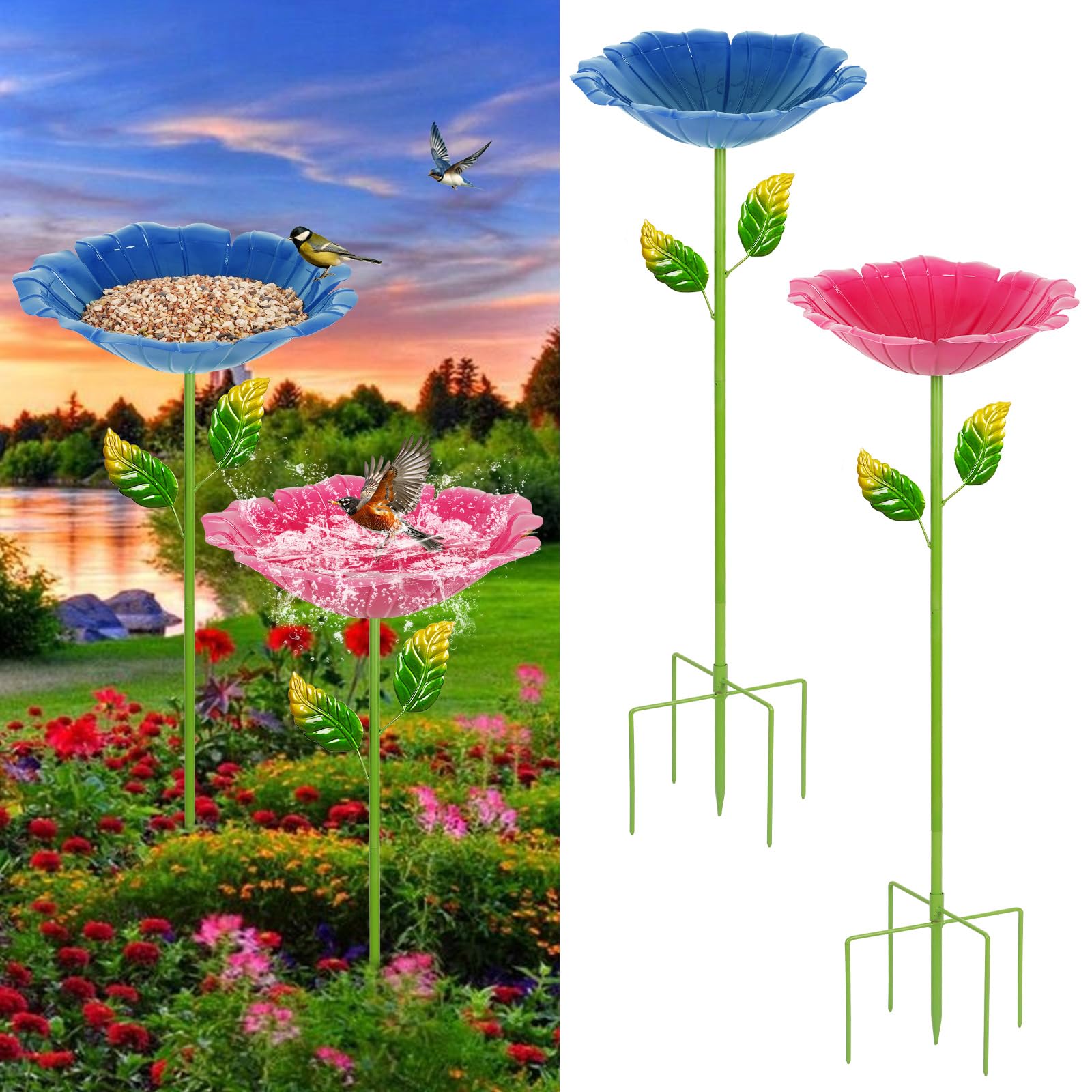 2 Pack Bird Bath for Outside, Outdoors Garden Decor Flower Birdbath