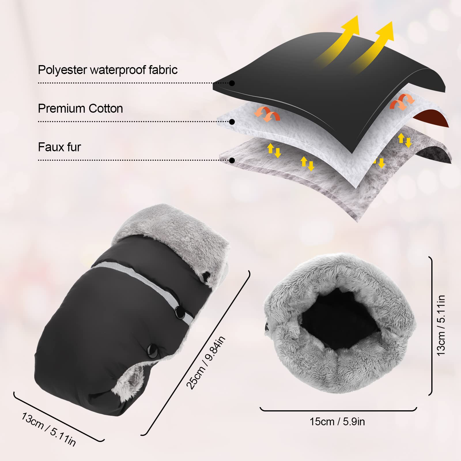 Homord Guanti Passeggino Scaldamani per Passeggino, Antigelo Muffole Passeggino Impermeabili con Interno in Pelliccia di Coniglio Tenere Caldo Guanti per Passeggino Inverno Universale (1-Nero)