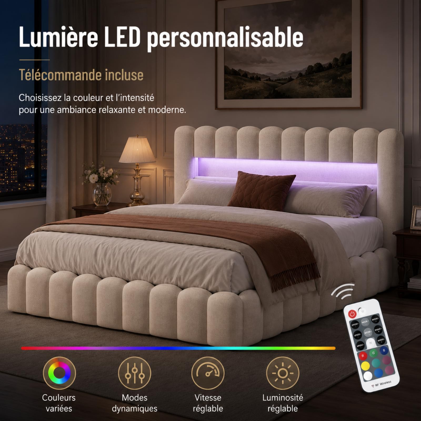 Fofetbfo Lit Coffre 140X200 cm, Bubble lit Double rembourré avec éclairage LED et Type-C et USB, LIt Capitonné avec Rangement, Cadre de lit hydraulique avec sommier à Latte, Lin (Beige, 140 x 200 cm)