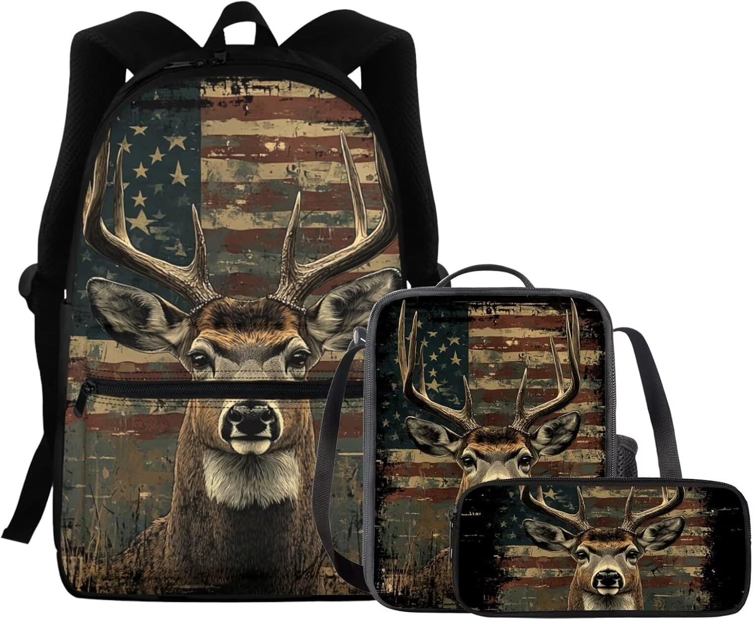 FKELYI Deer 15 Inch School Bags for Kids Boys Ages 3-6 Retro American Flag 3 Piece School Backpacks with Lunch Bag and Pencil Holder Set Front Zipper Pocket Bookbag Set