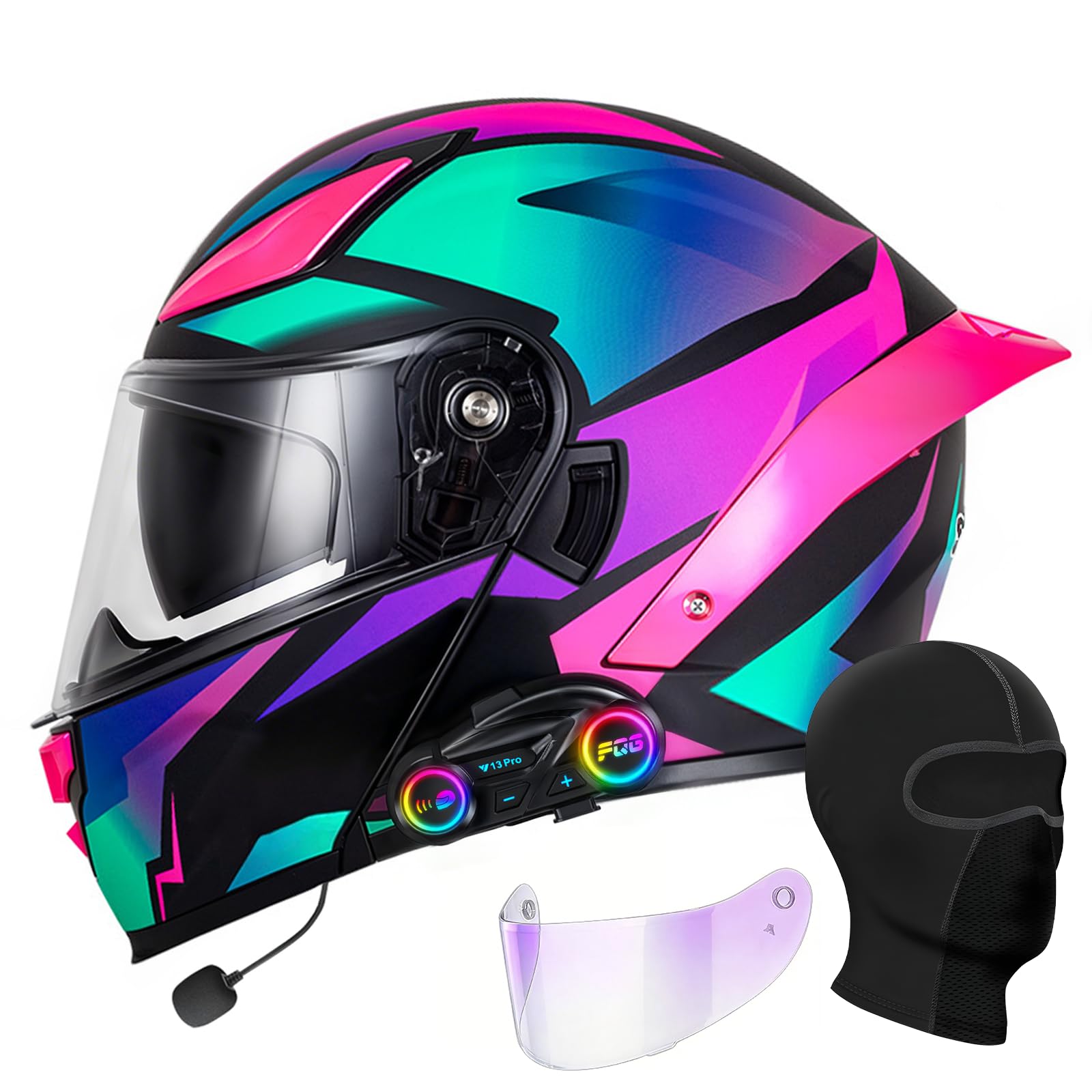 bluetooth motorcycle helmet, full face flip up modular motorcycle helmet with bluetooth intercom headsets, dot approved dual visor helmets