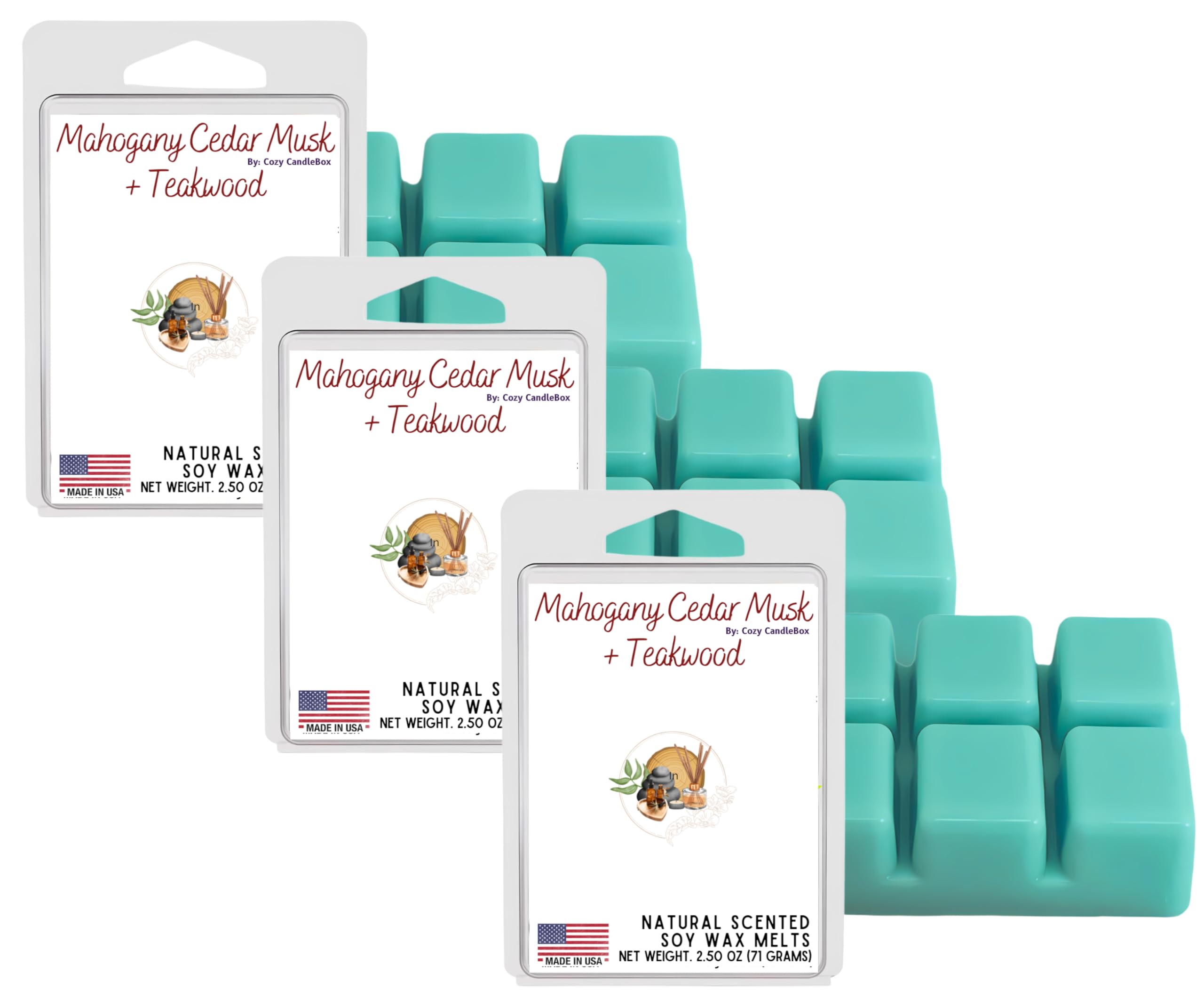 Soy Wax Melts Made in USA (Pack of 3) Mahogany Cedar Musk Teakwood Wax Melts Made with 100% Soy and Essential Fragrance Oils - Phthalate & Paraffin Free, Vegan, Non-Toxic by Cozy Candlebox