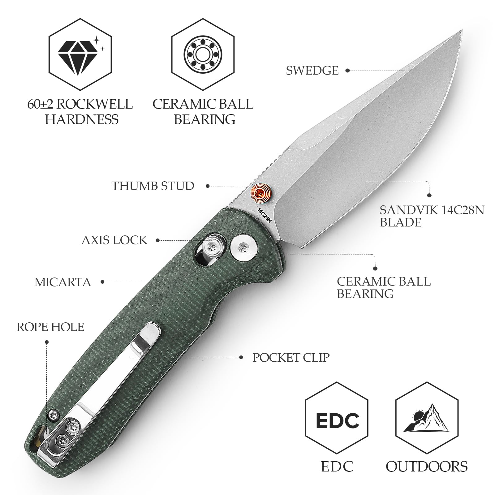 TRIVISA Klappmesser, Taschenmesser mit Crossbar Lock, Klinge aus 14C28N-Stahl, Gentlemen Messer mit Clip, EDC-Messer für Wanderungen und Camping (Grün)